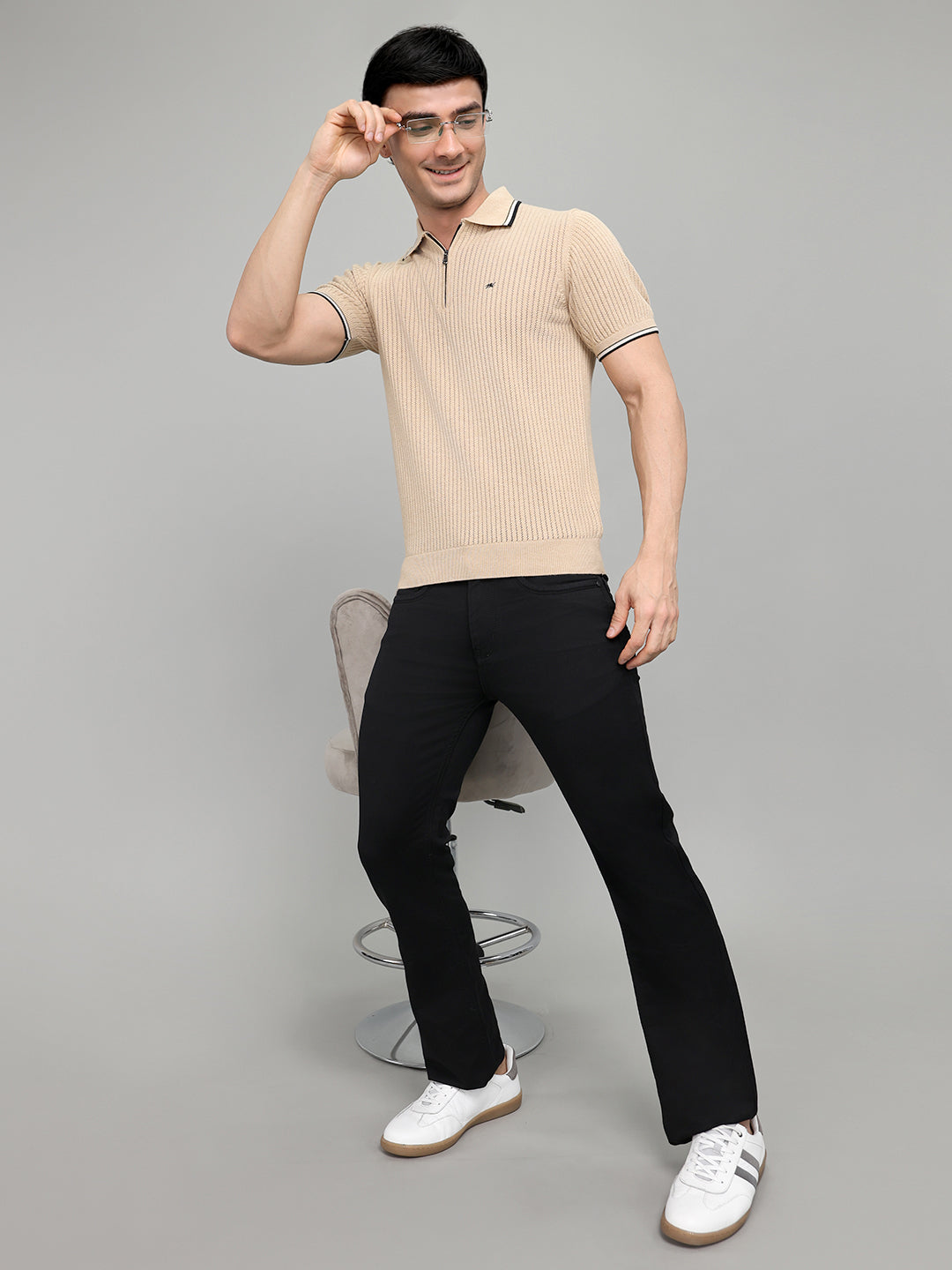 Men Beige Self Design Collar Half Sleeve T-Shirt