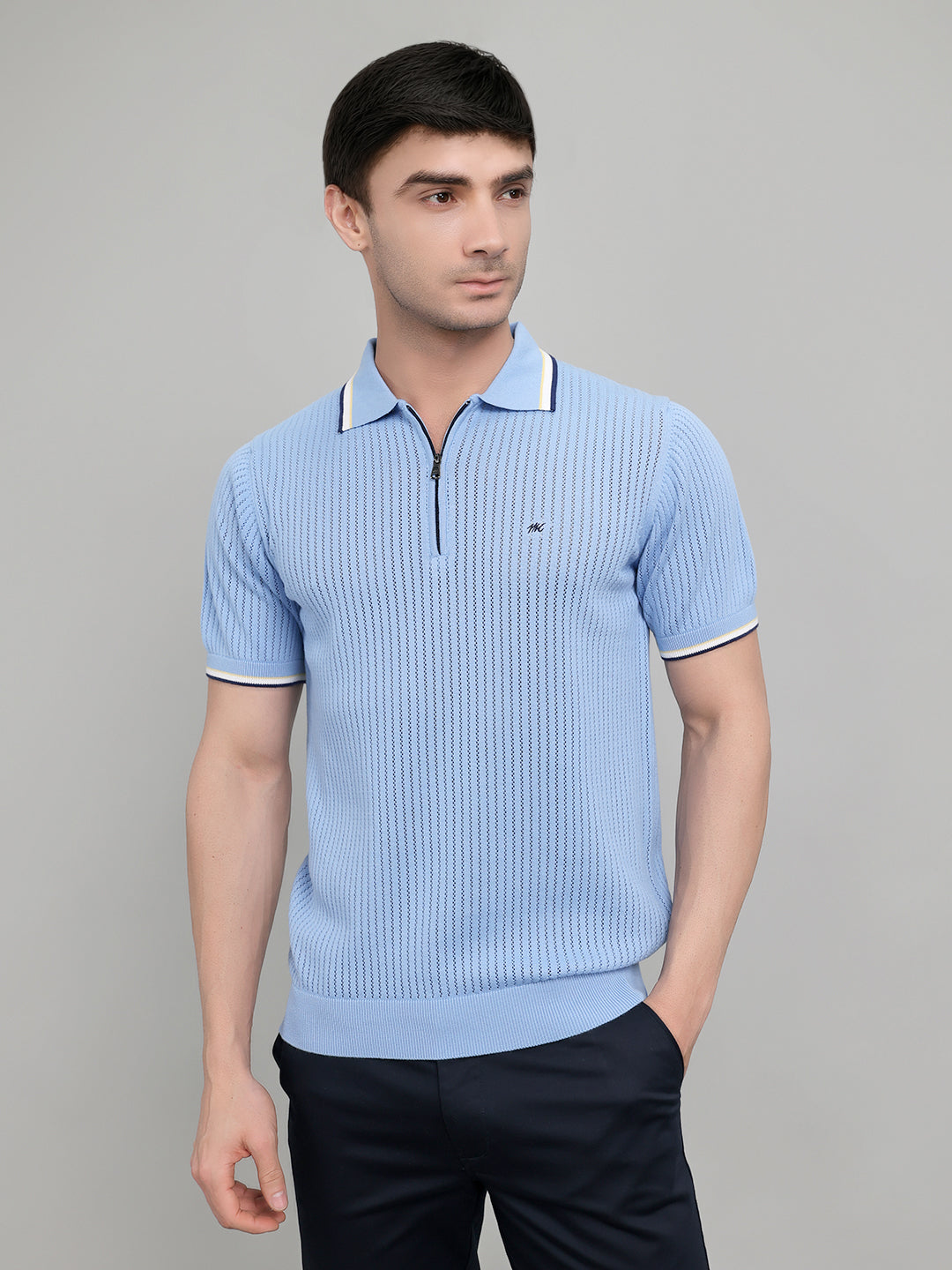Men Light Blue Self Design Collar Half Sleeve T-Shirt