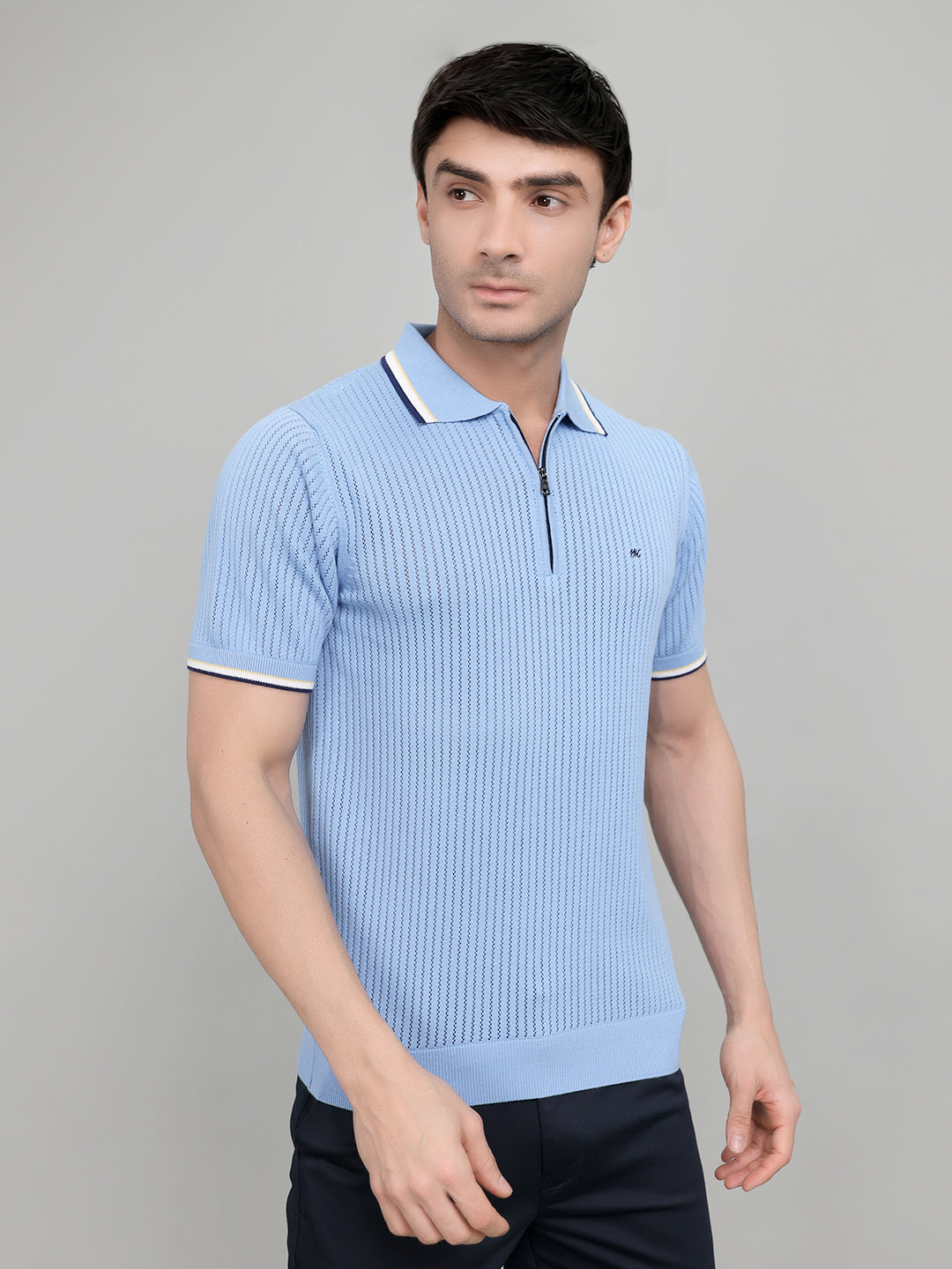 Men Light Blue Self Design Collar Half Sleeve T-Shirt