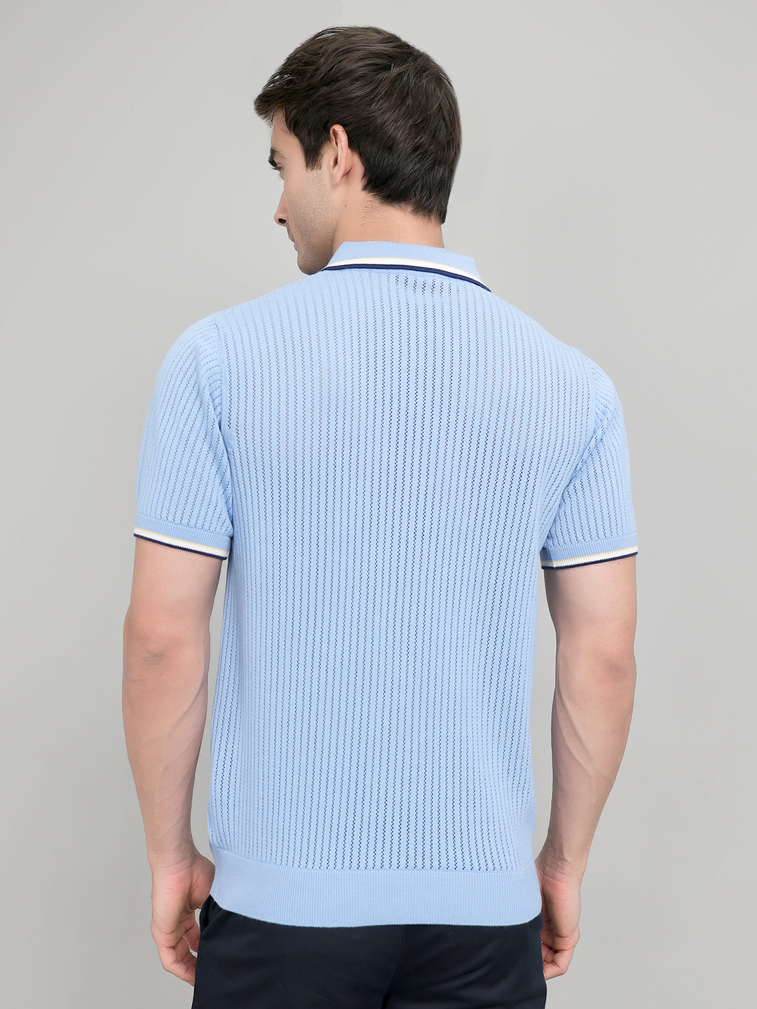 Men Light Blue Self Design Collar Half Sleeve T-Shirt