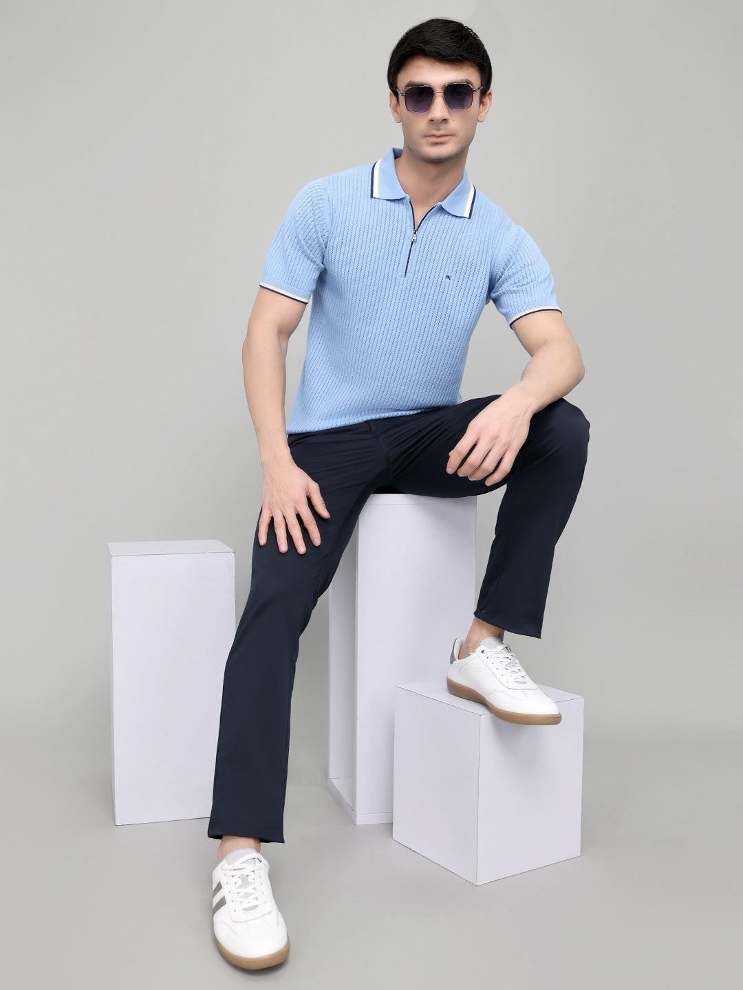 Men Light Blue Self Design Collar Half Sleeve T-Shirt