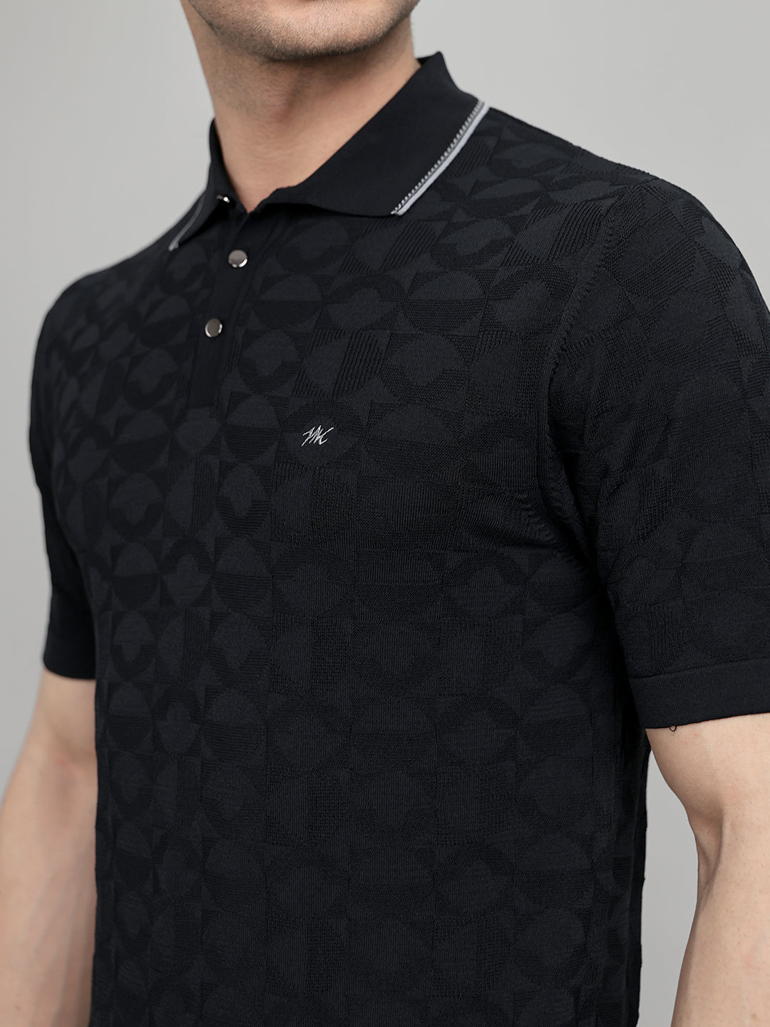 Men Black Self Design Collar Half Sleeve T-Shirt