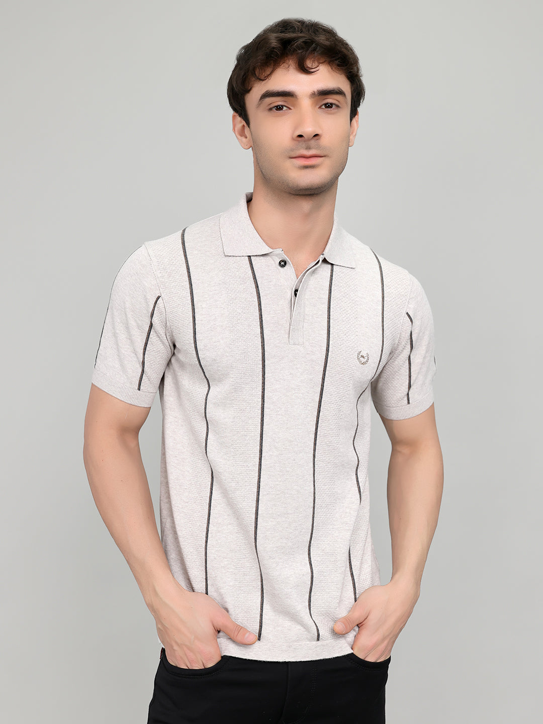 Men Light Grey Intarsia Collar Half Sleeve T-Shirt