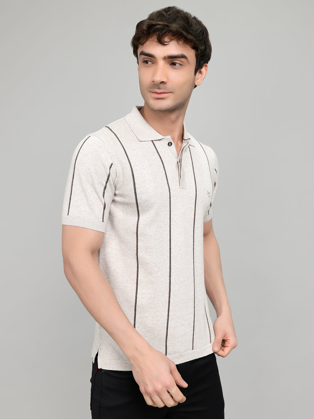 Men Light Grey Intarsia Collar Half Sleeve T-Shirt