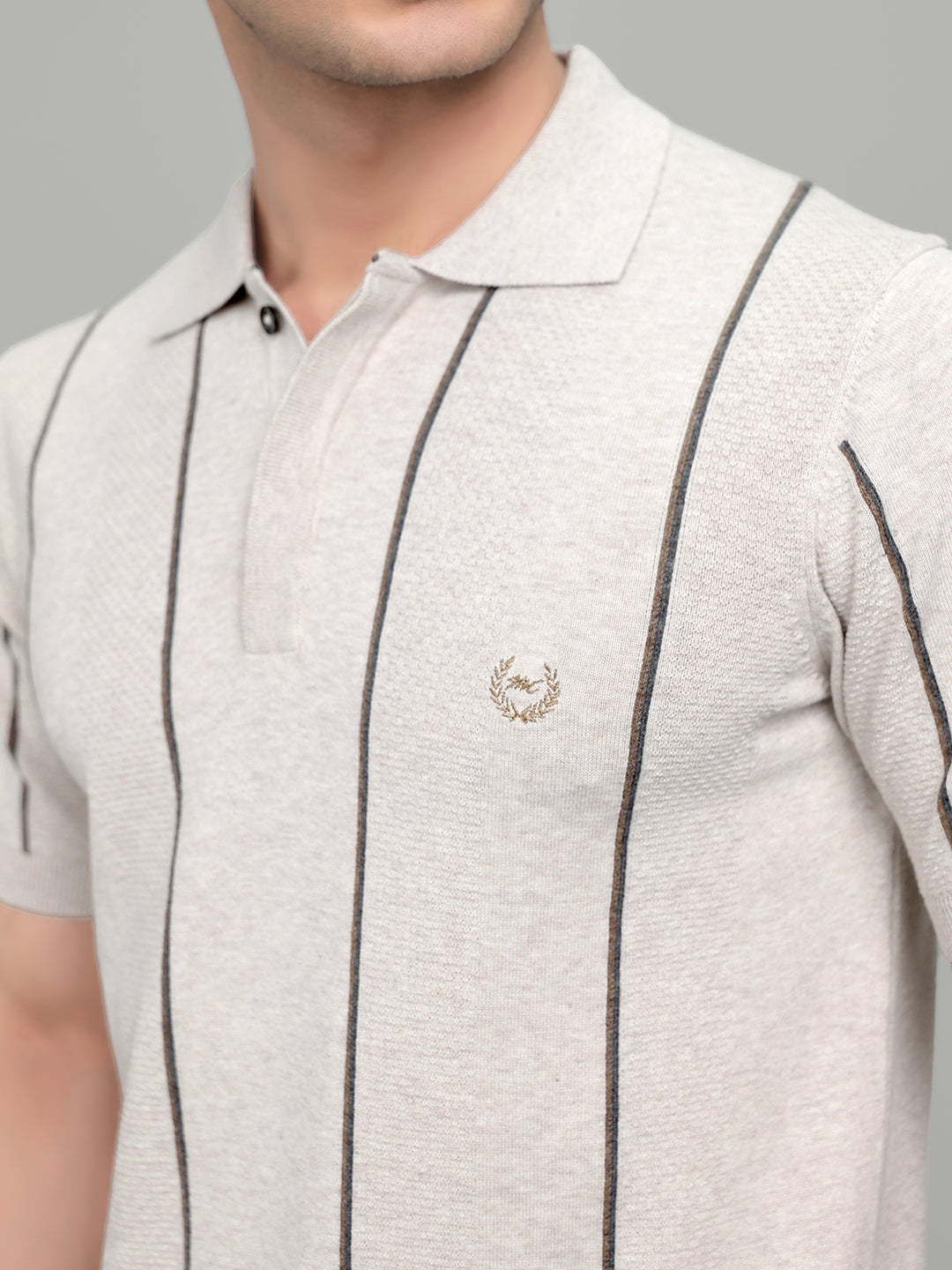 Men Light Grey Intarsia Collar Half Sleeve T-Shirt