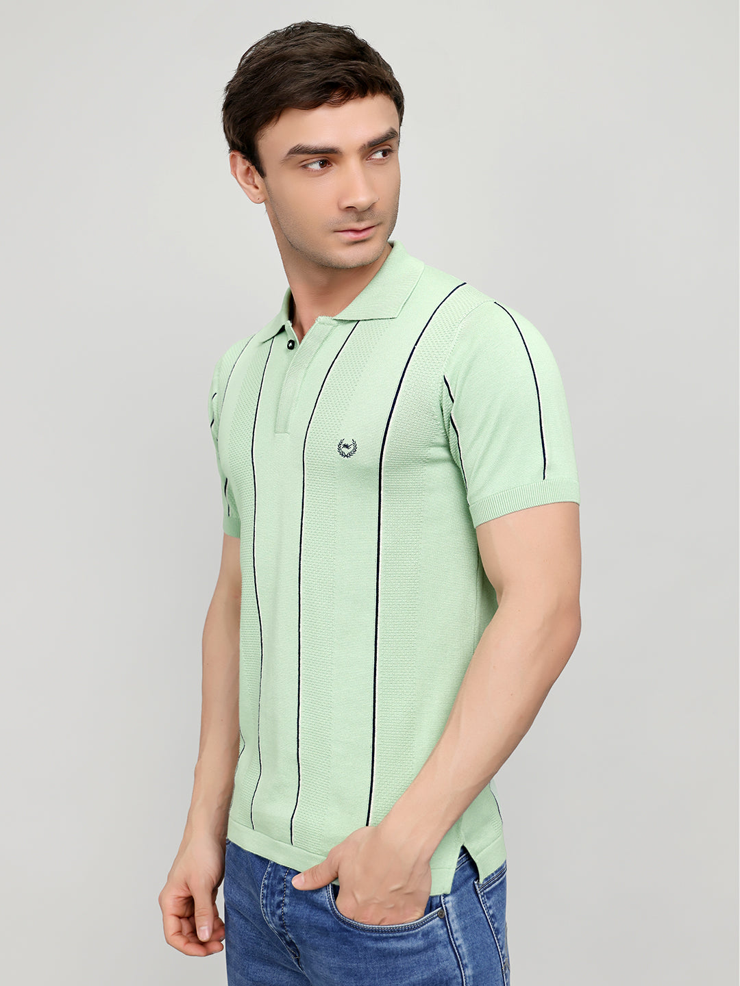 Men Sea Green Intarsia Collar Half Sleeve T-Shirt