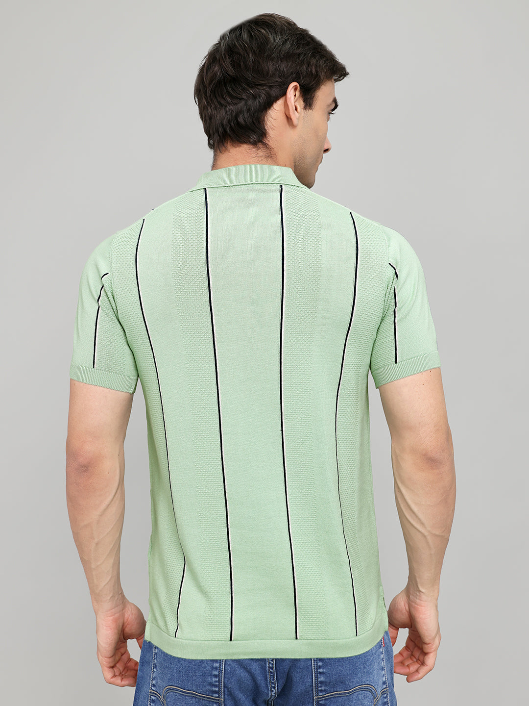 Men Sea Green Intarsia Collar Half Sleeve T-Shirt