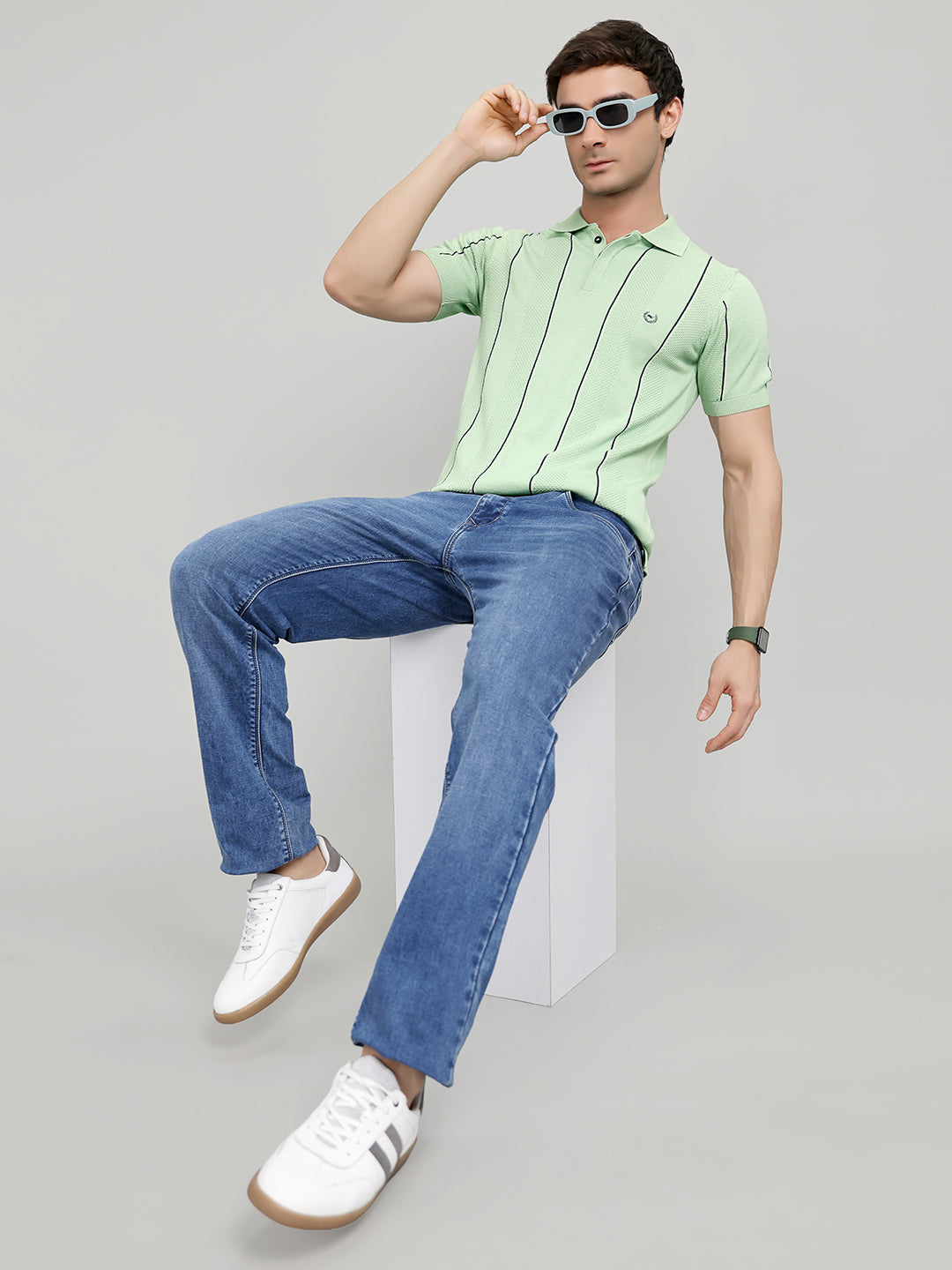 Men Sea Green Intarsia Collar Half Sleeve T-Shirt