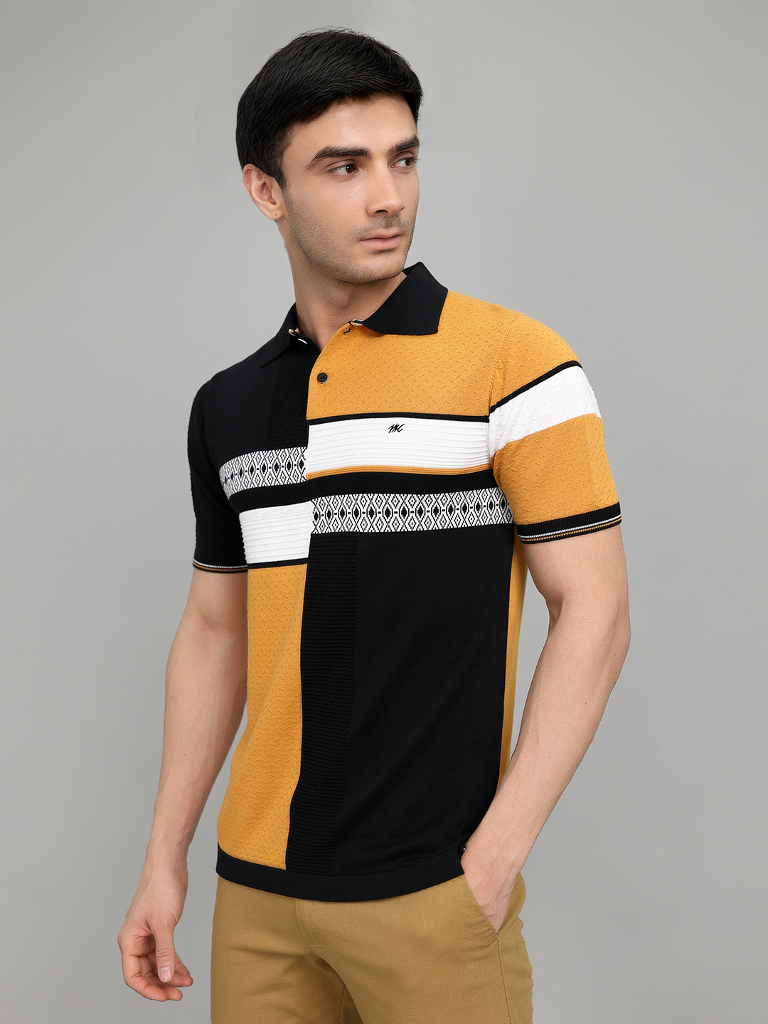Men Navy Blue Printed Collar Half Sleeve T-Shirt