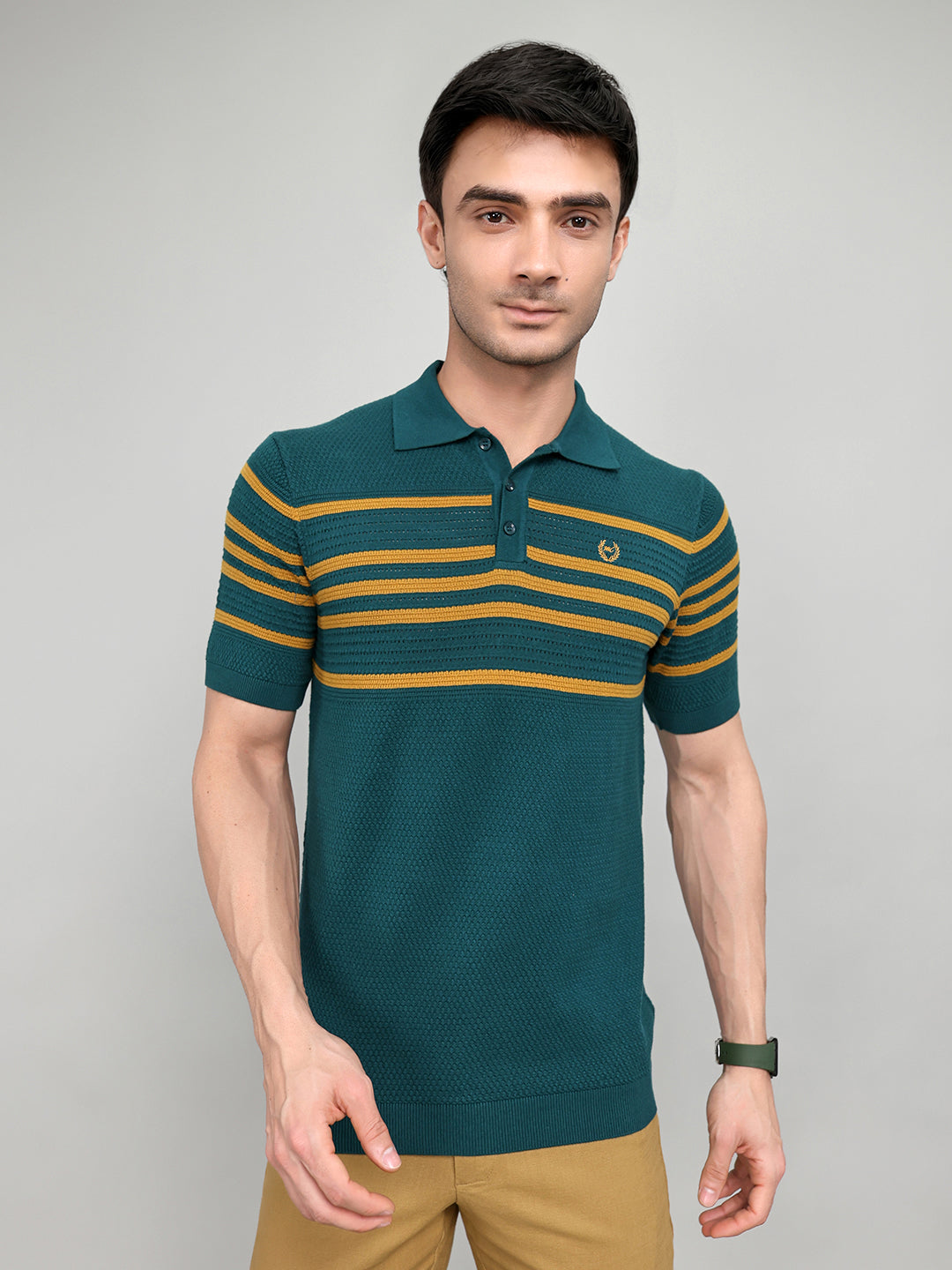 Men Teal Blue Stripe Collar Half Sleeve T-Shirt