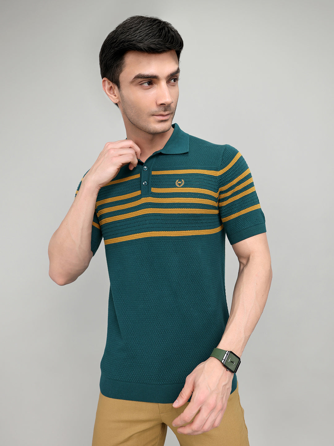 Men Teal Blue Stripe Collar Half Sleeve T-Shirt