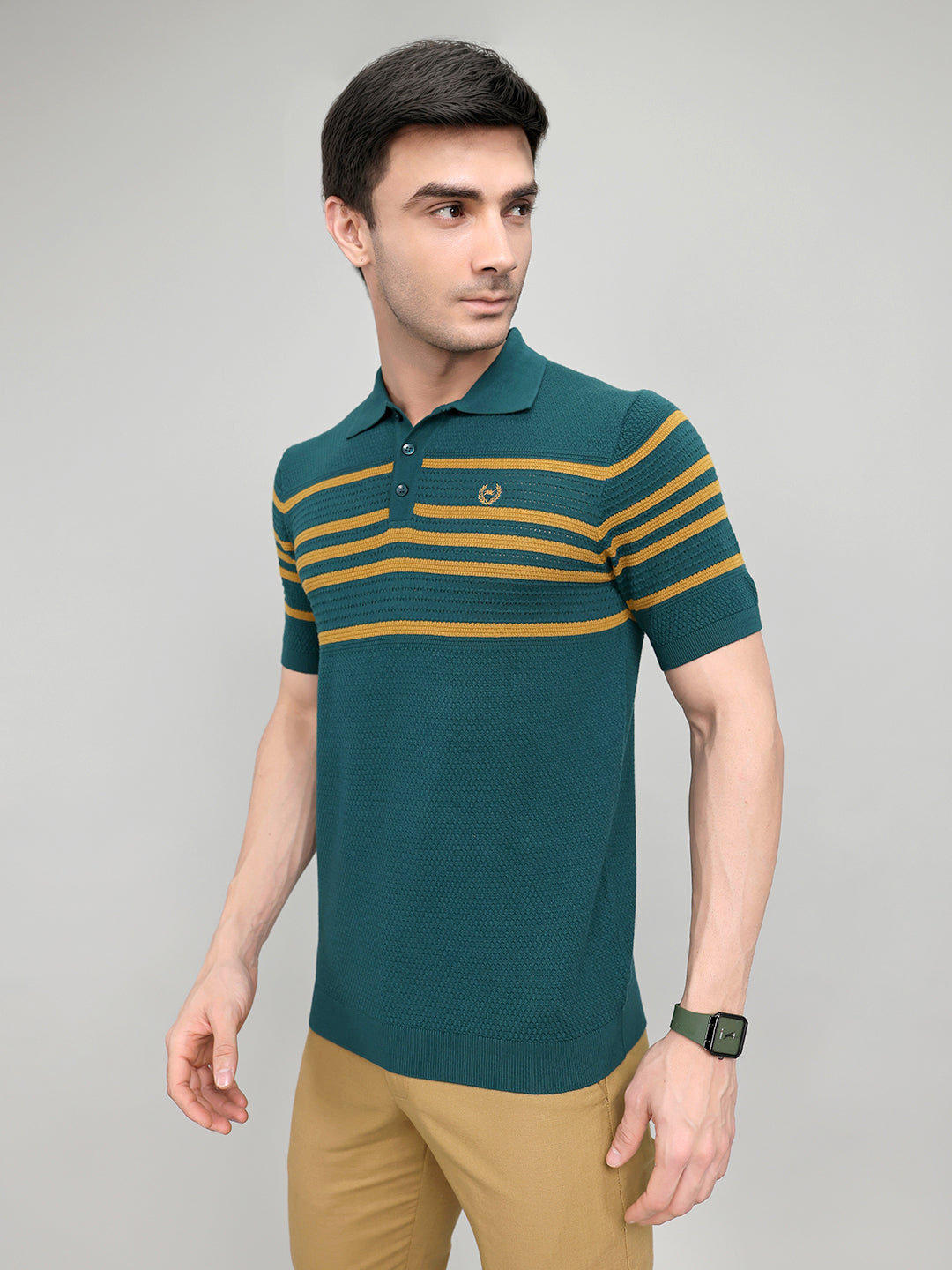 Men Teal Blue Stripe Collar Half Sleeve T-Shirt