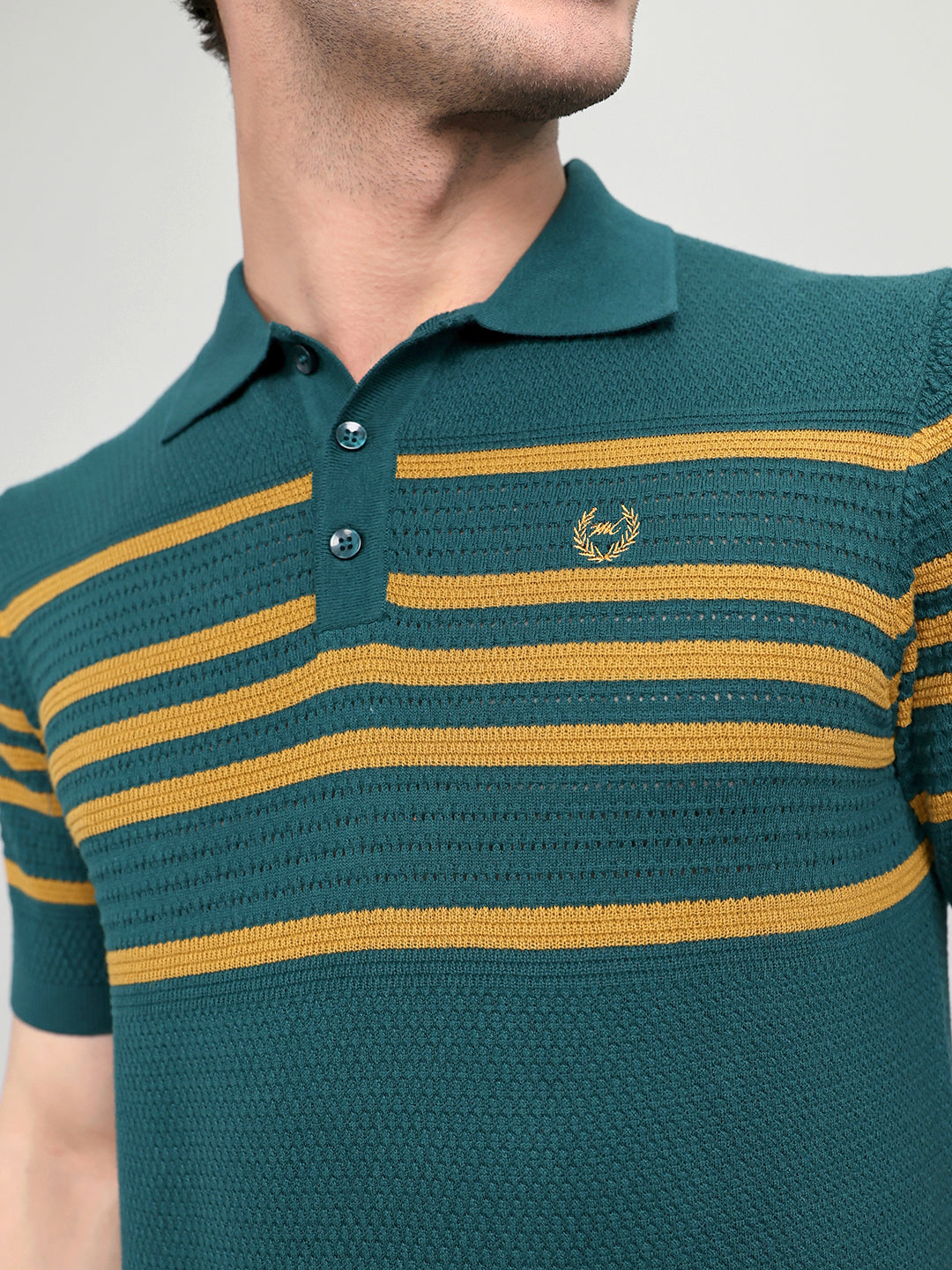 Men Teal Blue Stripe Collar Half Sleeve T-Shirt