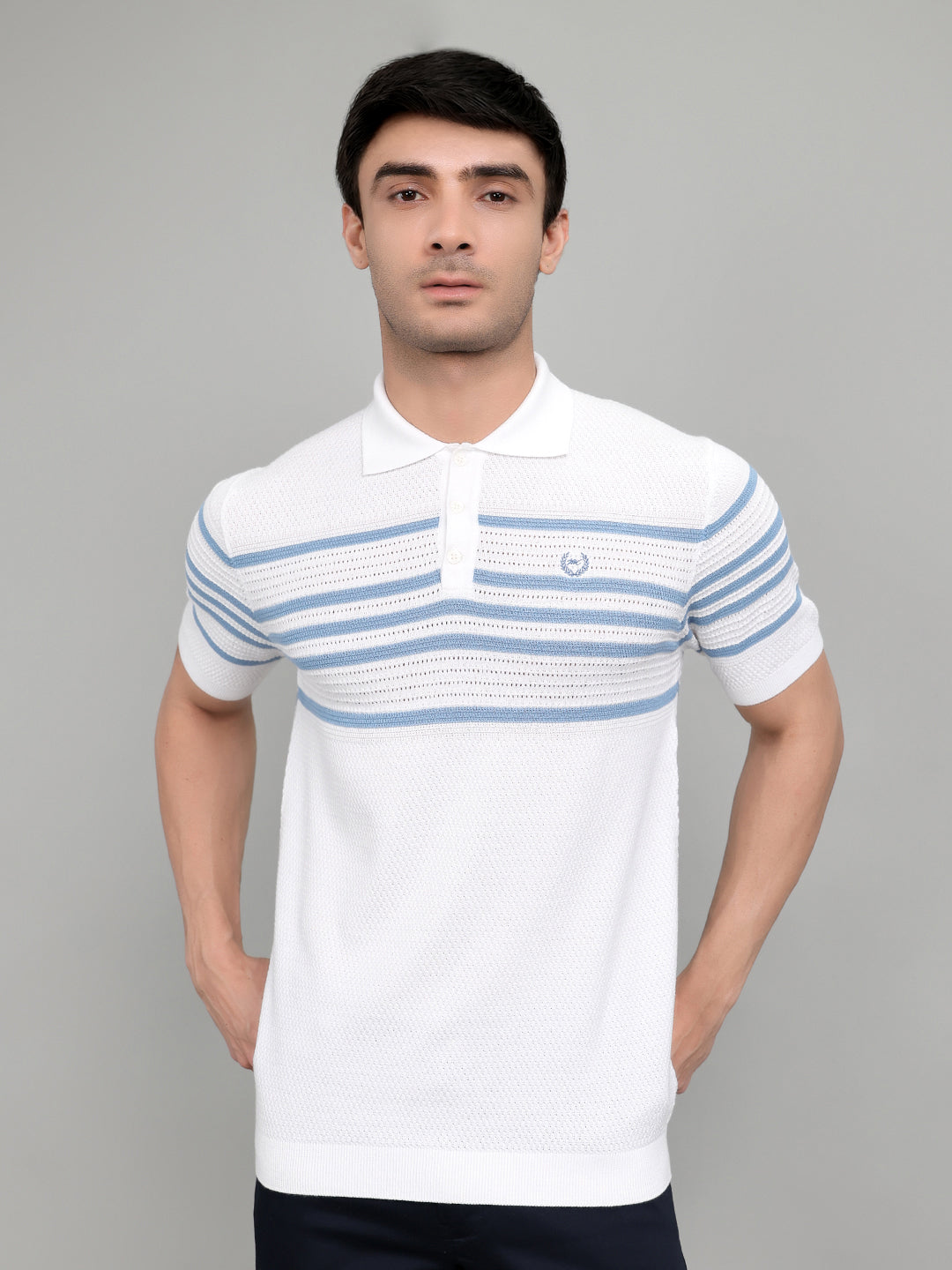 Men White Stripe Collar Half Sleeve T-Shirt