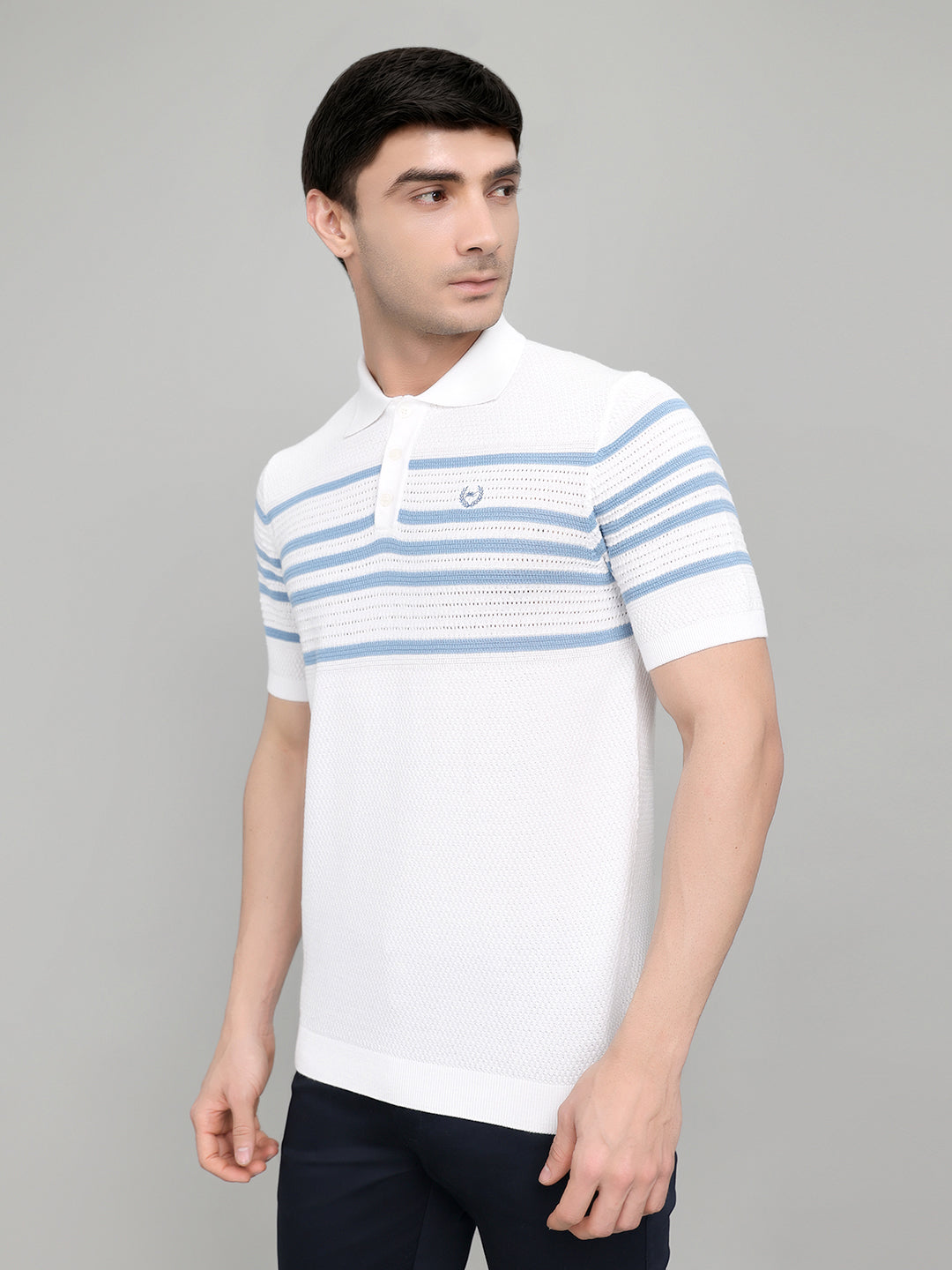 Men White Stripe Collar Half Sleeve T-Shirt