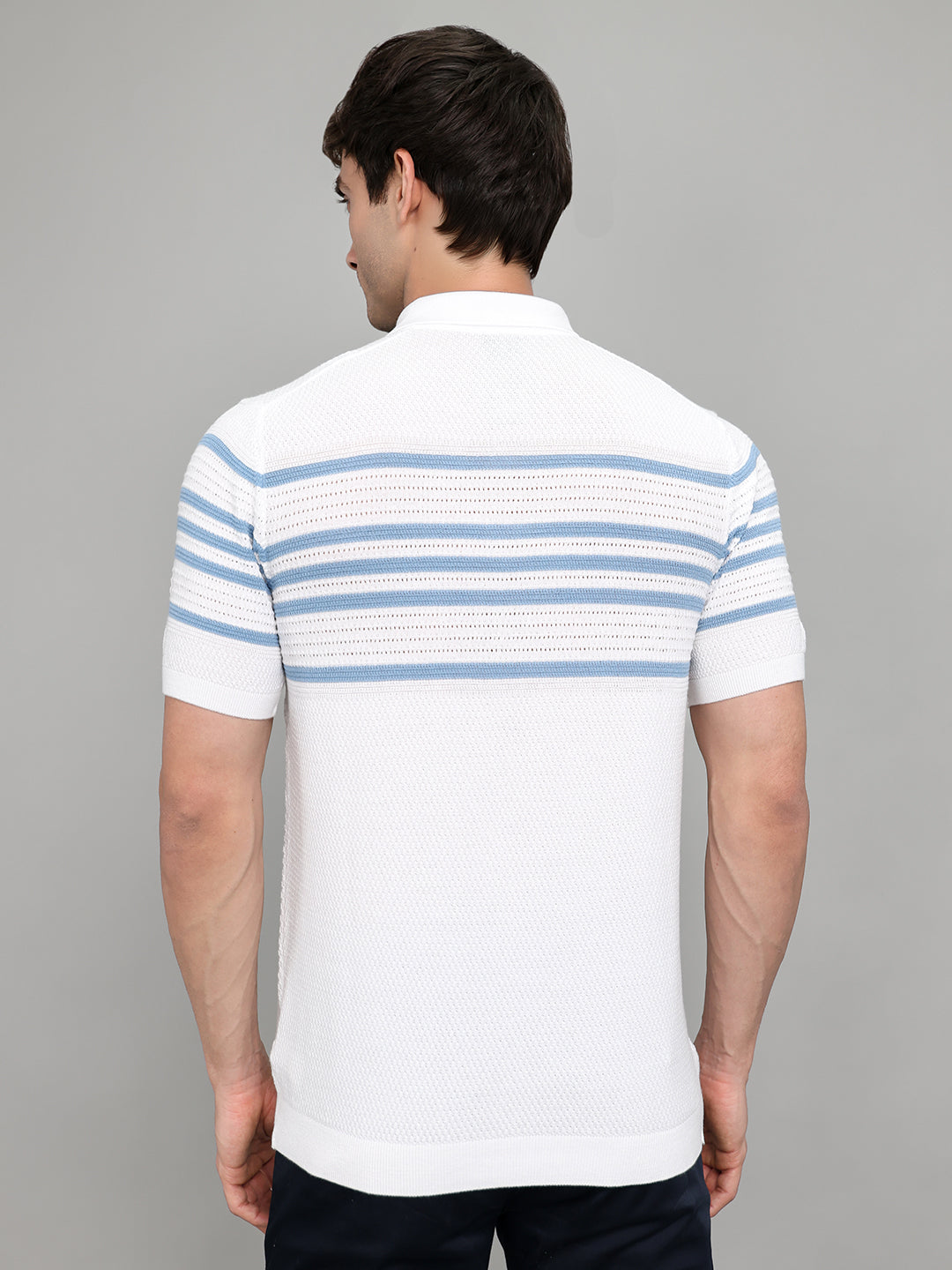 Men White Stripe Collar Half Sleeve T-Shirt