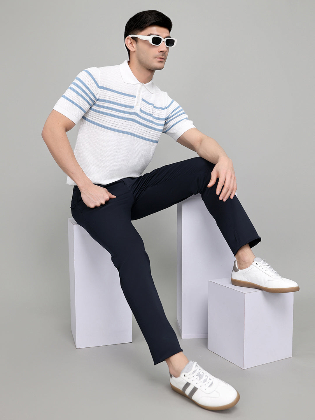 Men White Stripe Collar Half Sleeve T-Shirt