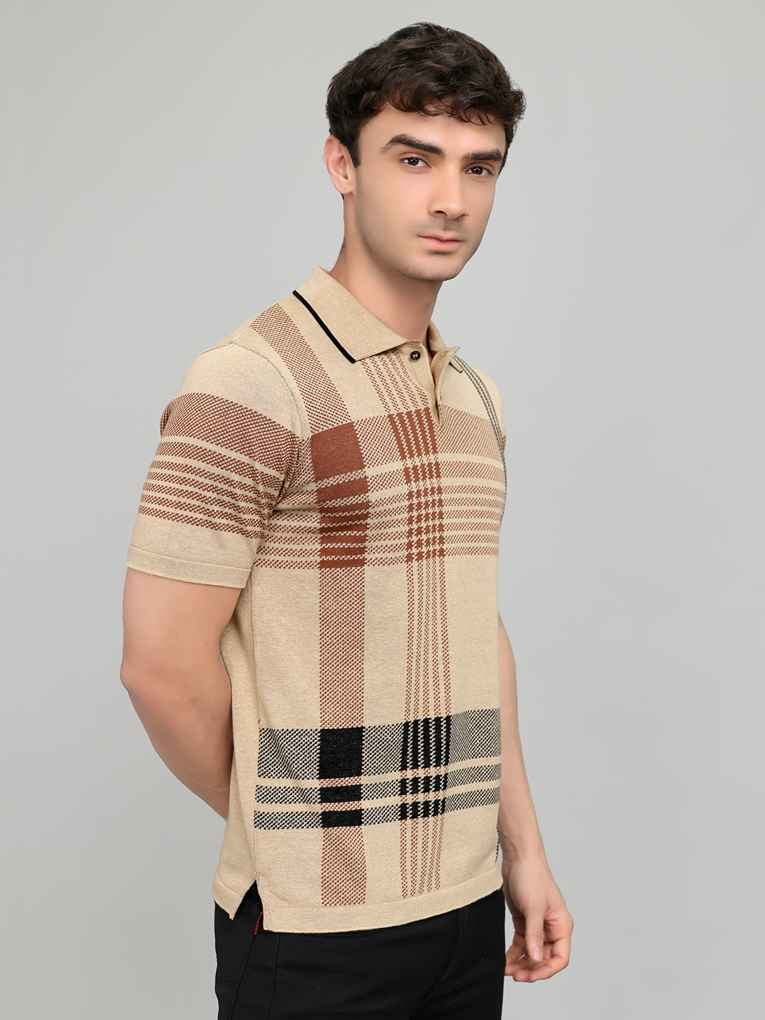 Men Beige Self Design Collar Half Sleeve T-Shirt