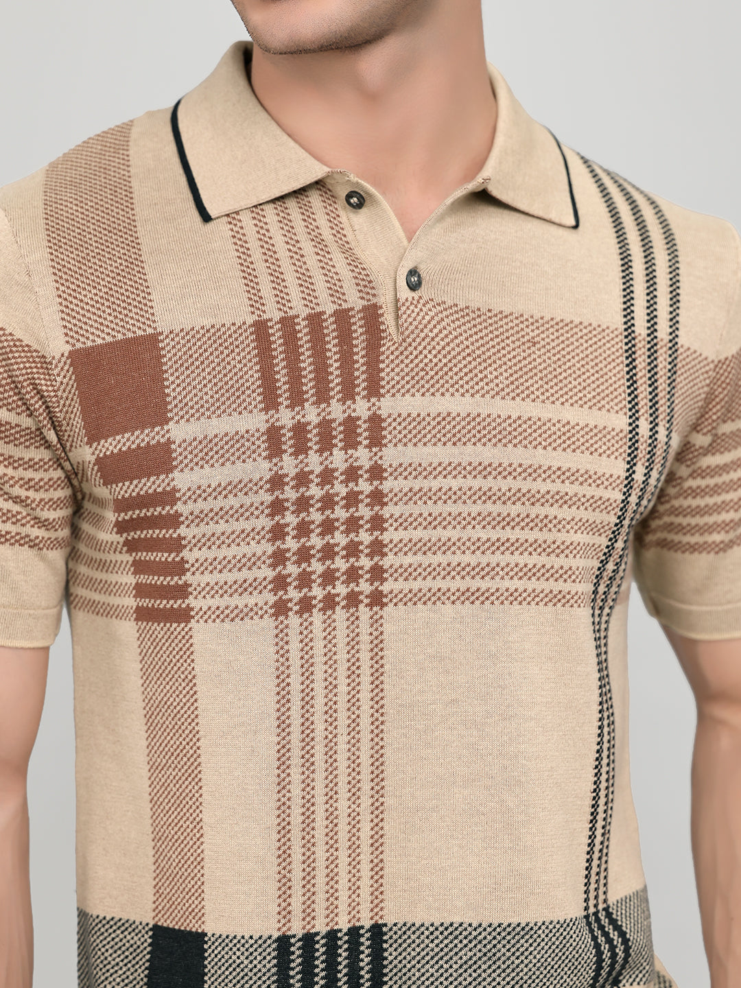 Men Beige Self Design Collar Half Sleeve T-Shirt