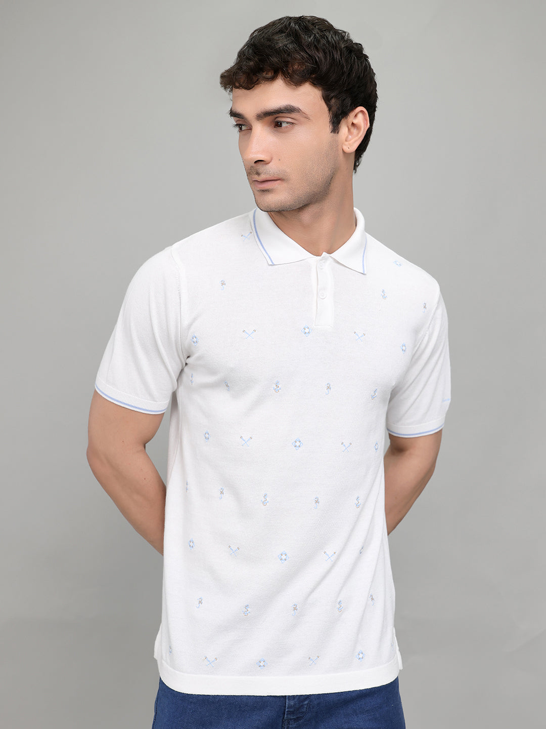 Men Beige Solid Collar Half Sleeve T-Shirt