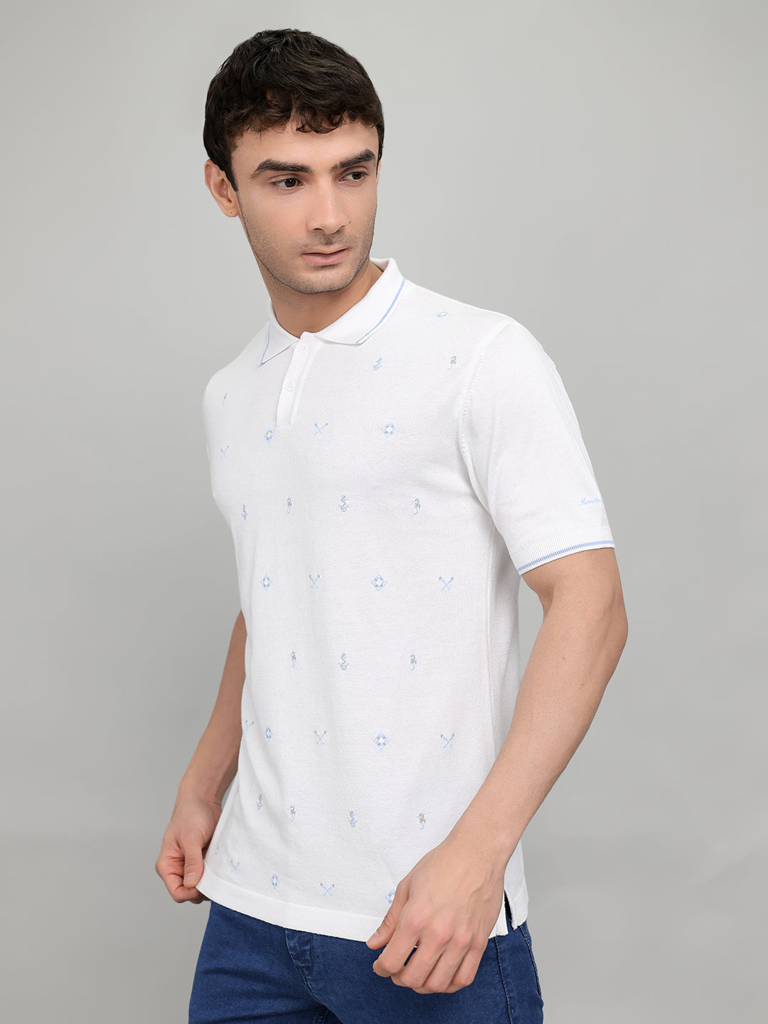 Men Beige Solid Collar Half Sleeve T-Shirt