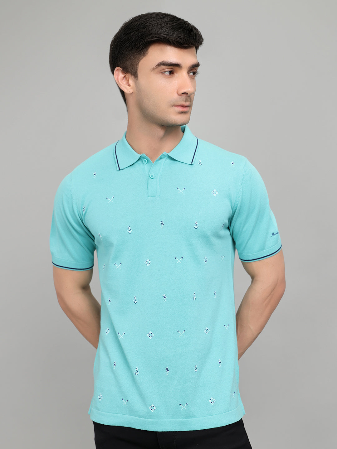 Men Aqua Blue Solid Collar Half Sleeve T-Shirt