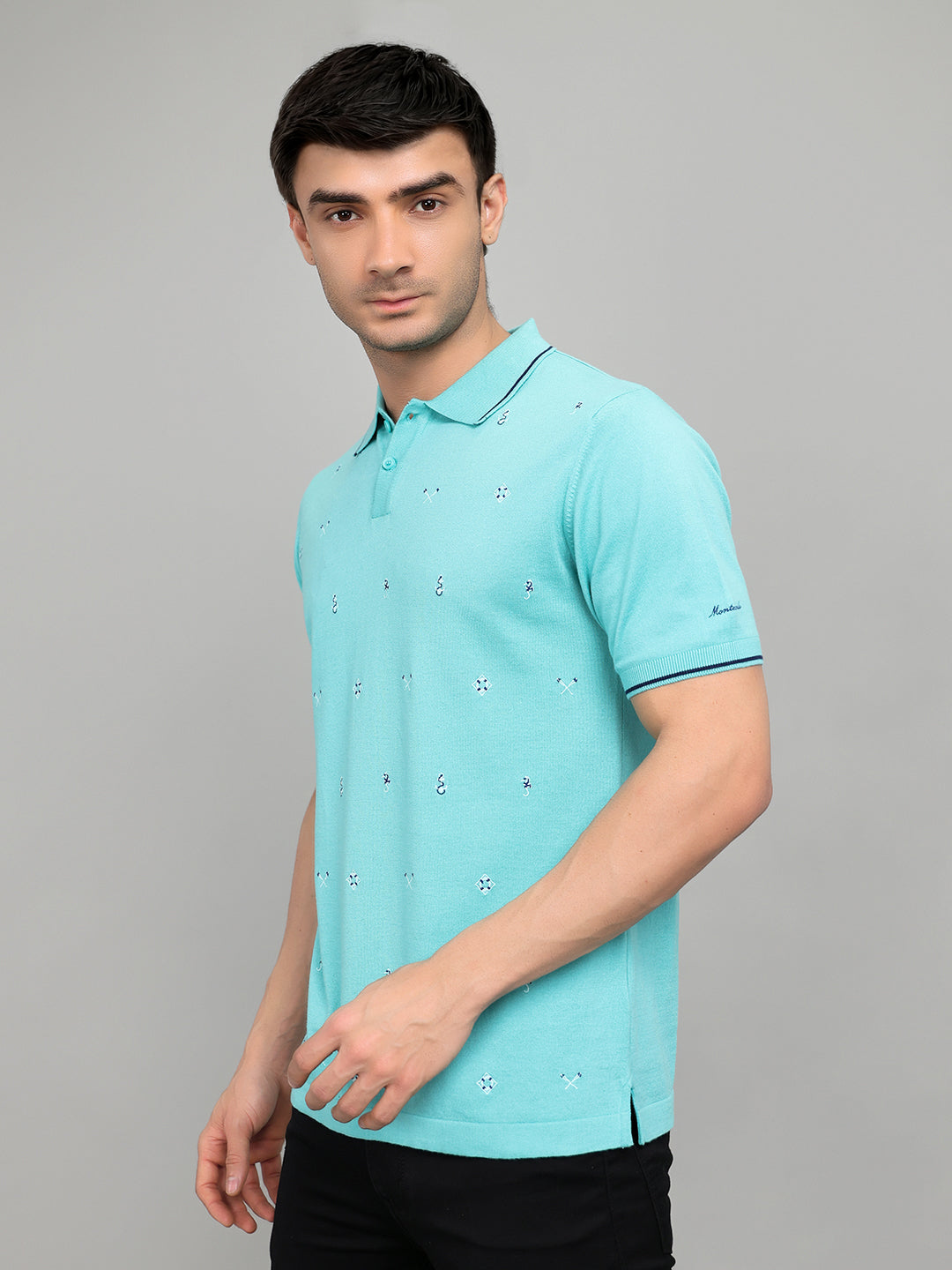 Men Aqua Blue Solid Collar Half Sleeve T-Shirt
