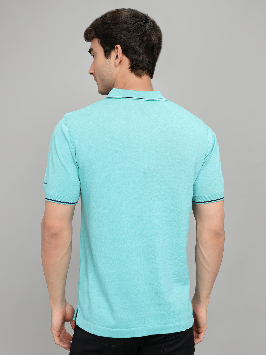 Men Aqua Blue Solid Collar Half Sleeve T-Shirt