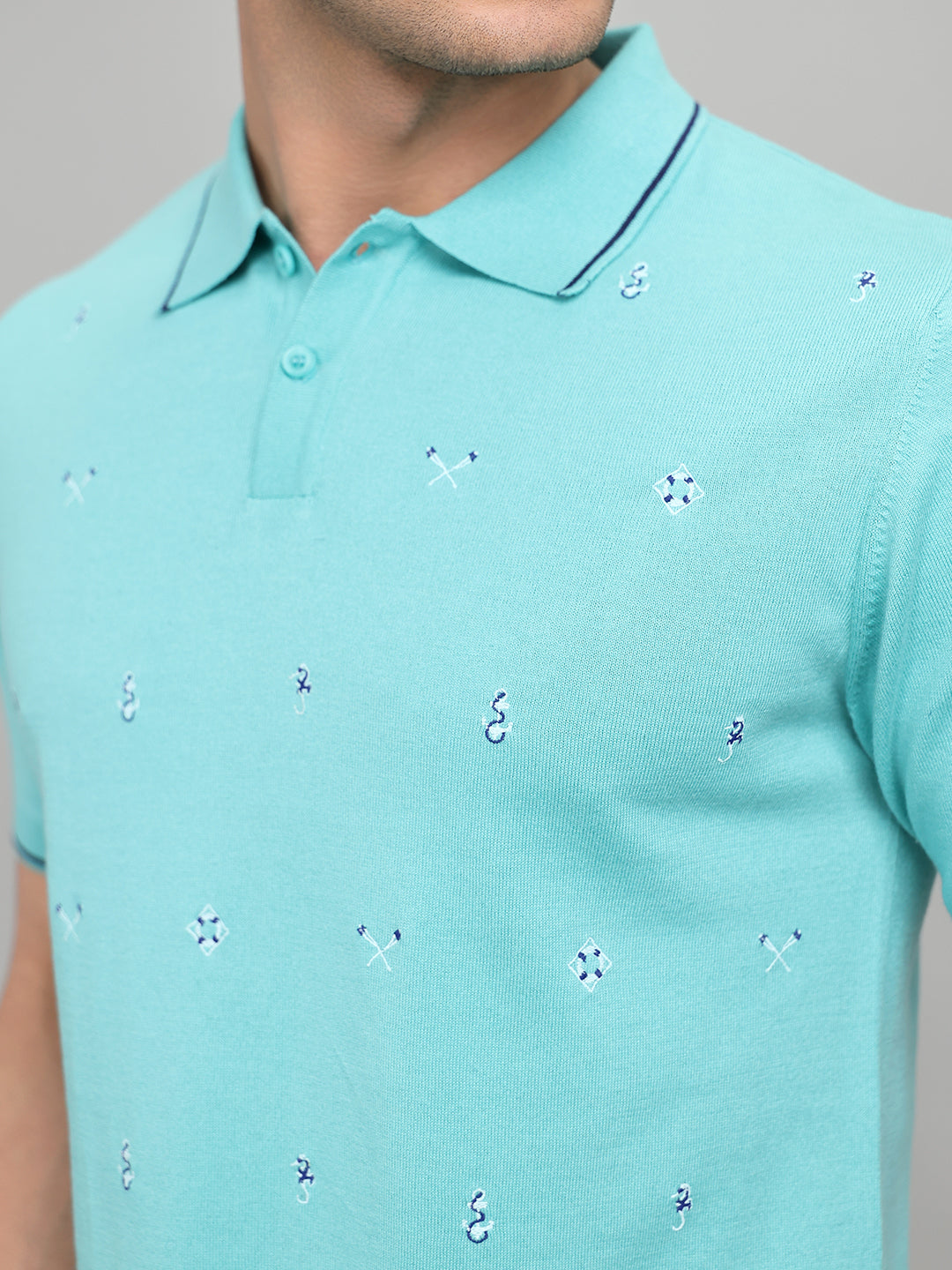 Men Aqua Blue Solid Collar Half Sleeve T-Shirt