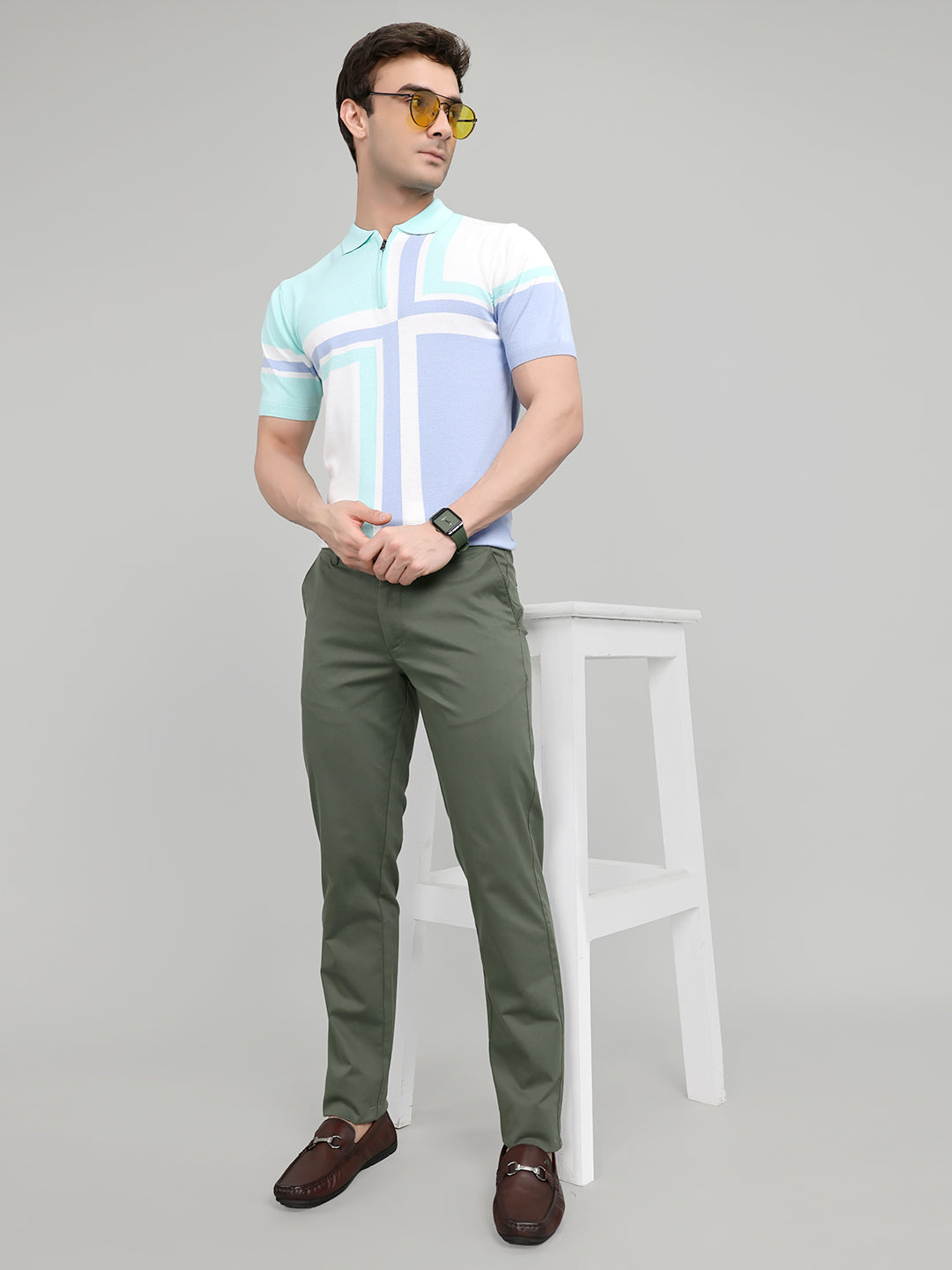 Men Light Blue Stripe Collar Half Sleeve T-Shirt