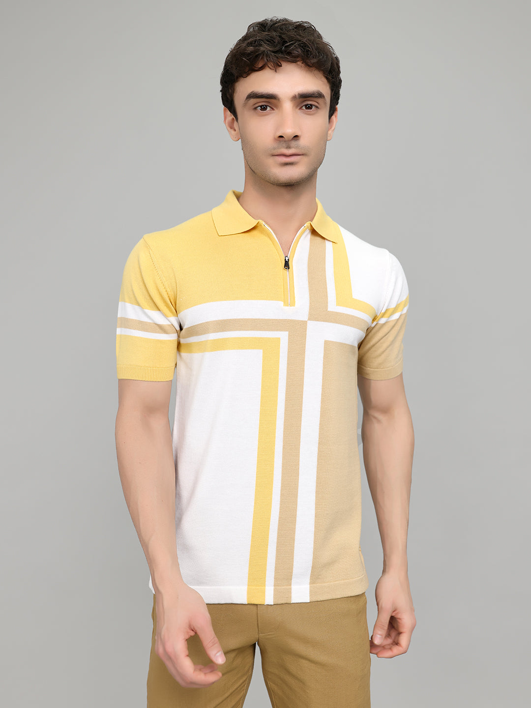 Men Camel Brown Stripe Collar Half Sleeve T-Shirt