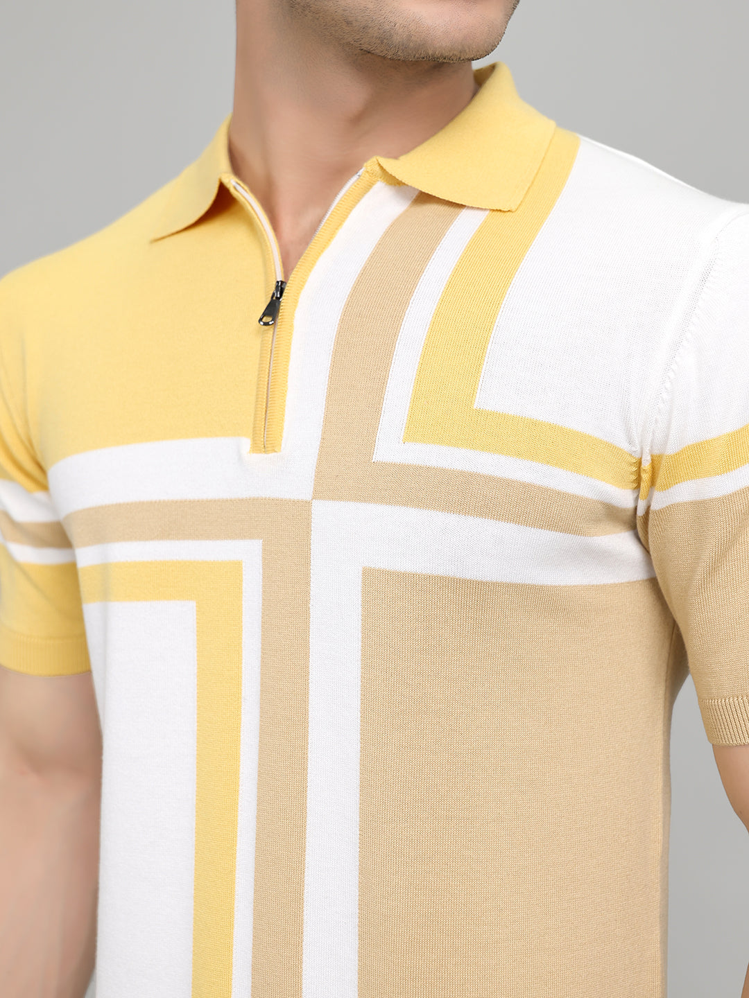 Men Camel Brown Stripe Collar Half Sleeve T-Shirt