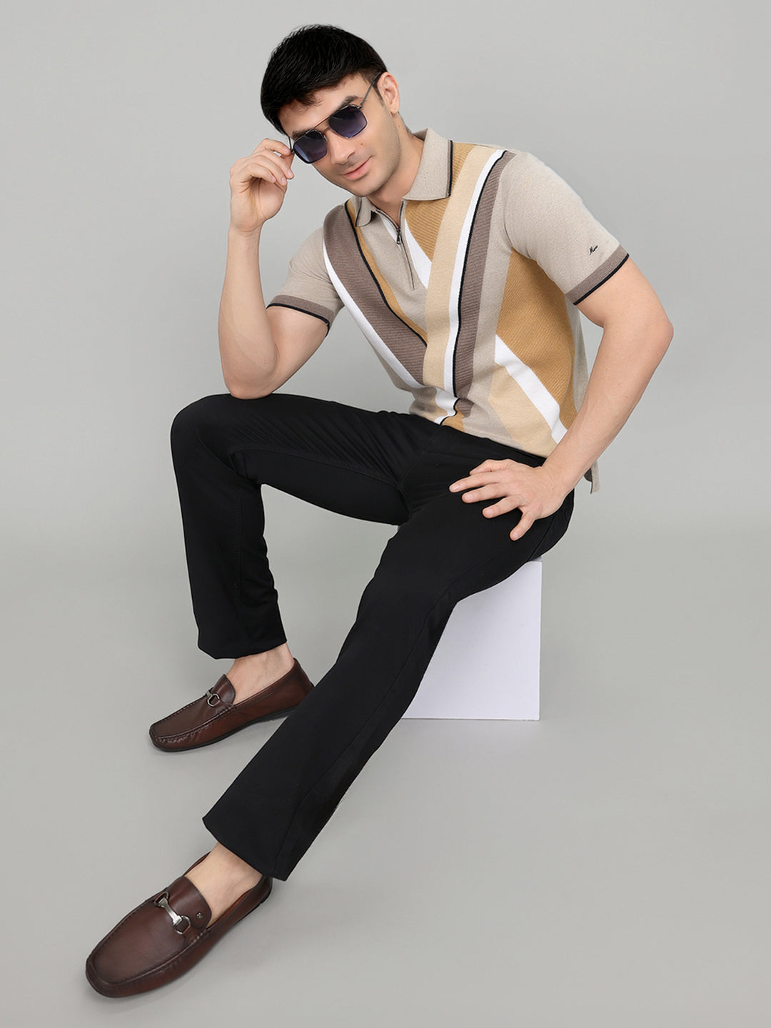 Men Beige Printed Collar Half Sleeve T-Shirt