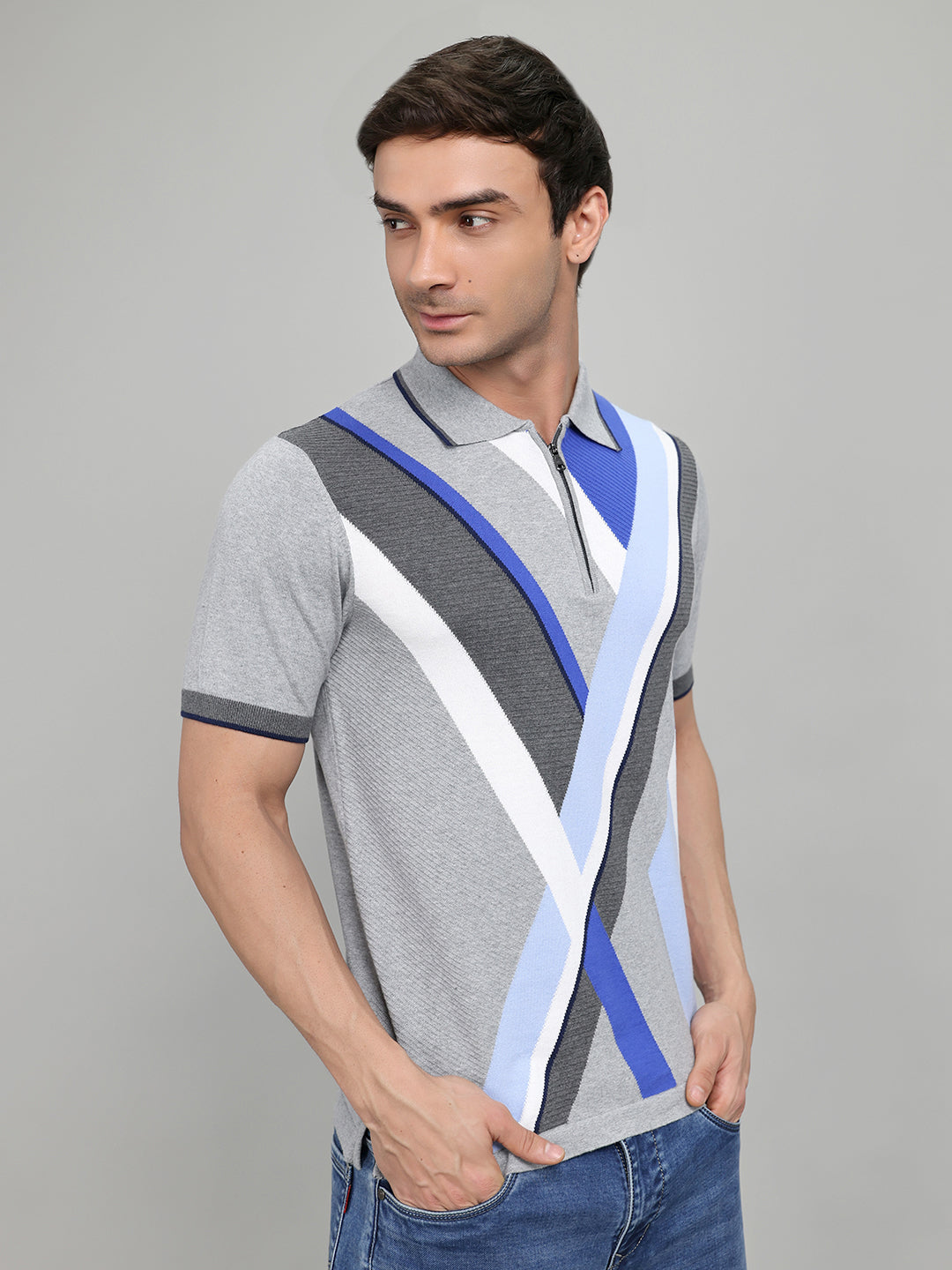 Men Grey Printed Collar Half Sleeve T-Shirt
