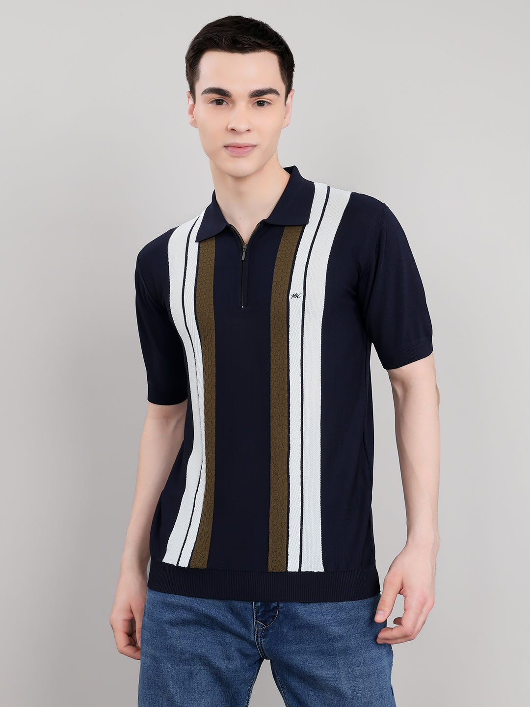 Men Navy Blue Intarsia Collar Half Sleeve T-Shirt