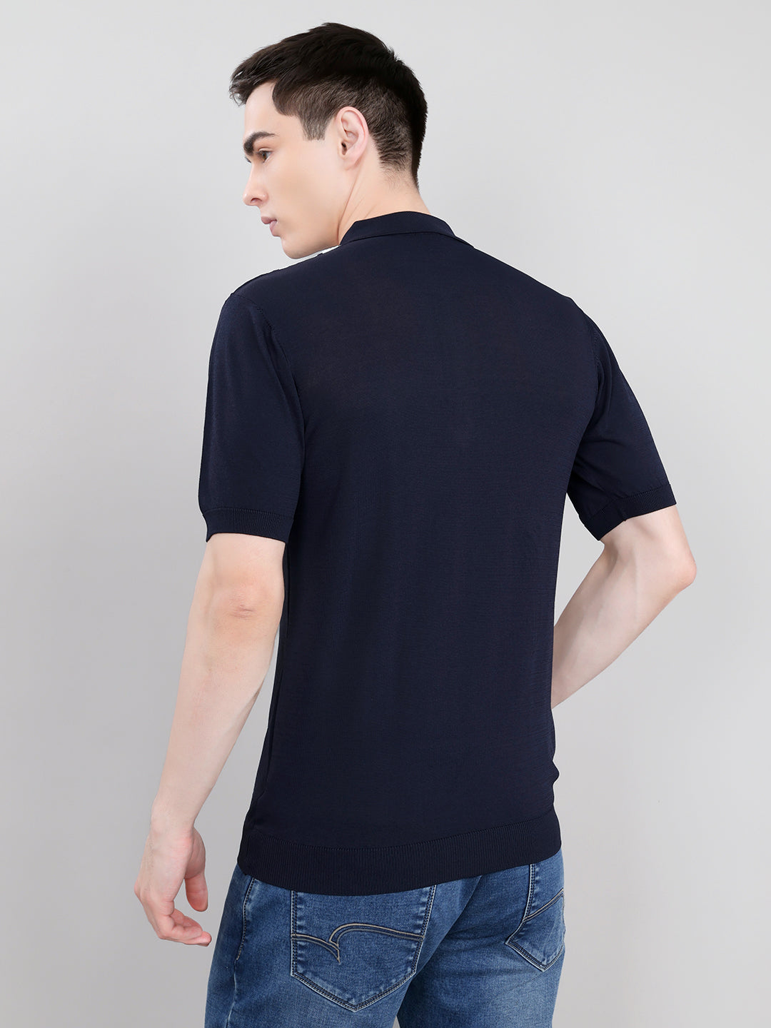Men Navy Blue Intarsia Collar Half Sleeve T-Shirt