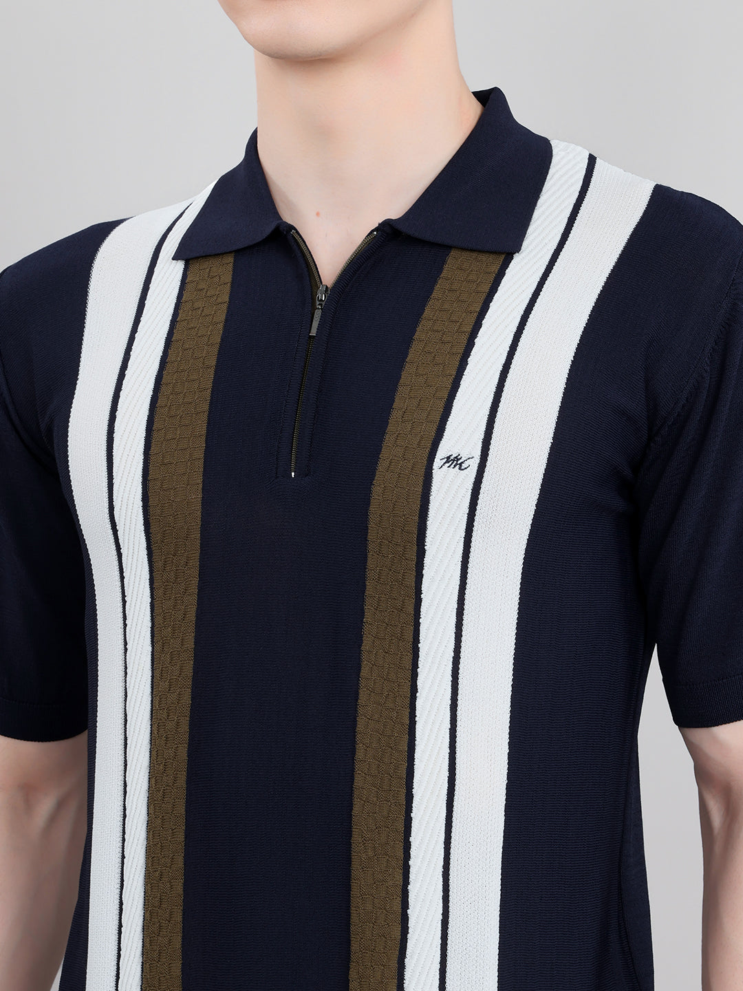 Men Navy Blue Intarsia Collar Half Sleeve T-Shirt