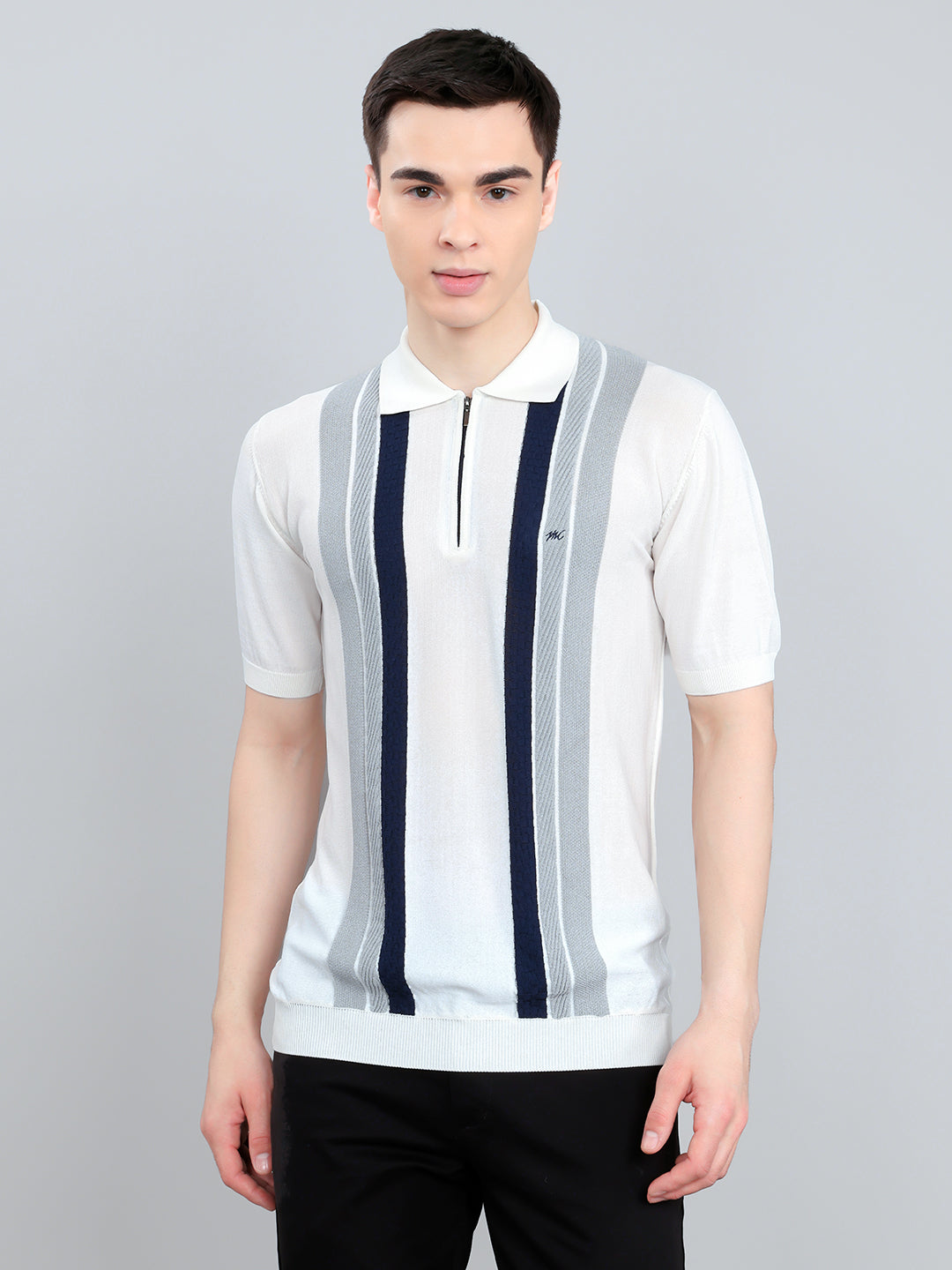 Men White Intarsia Collar Half Sleeve T-Shirt