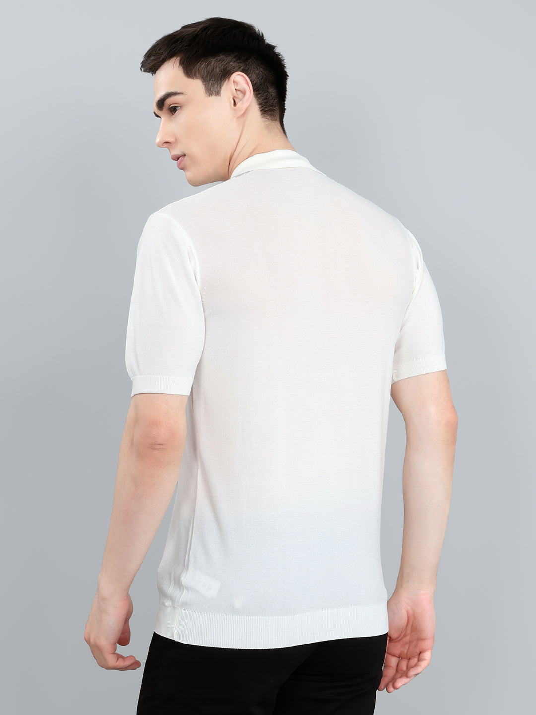 Men White Intarsia Collar Half Sleeve T-Shirt