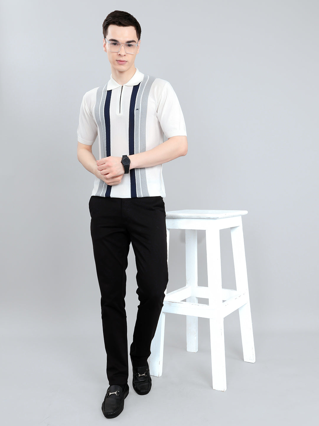 Men White Intarsia Collar Half Sleeve T-Shirt