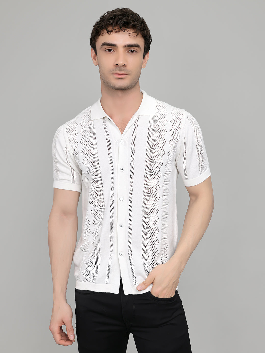Men White Self Design Collar Half Sleeve Shirt