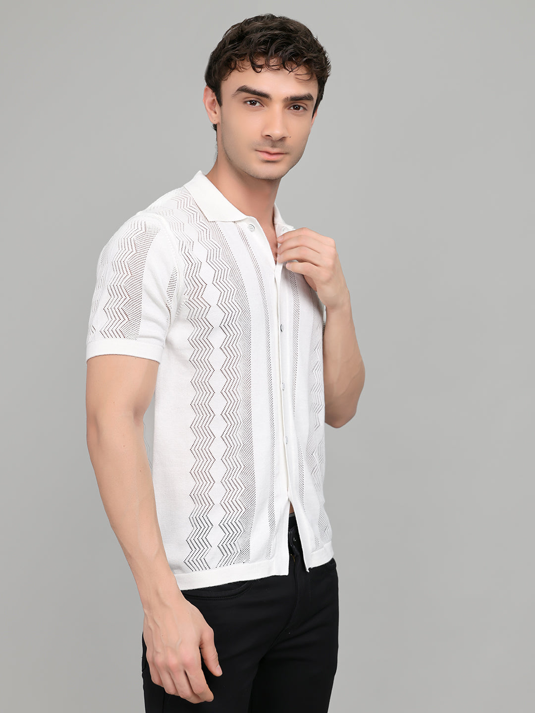 Men White Self Design Collar Half Sleeve Shirt