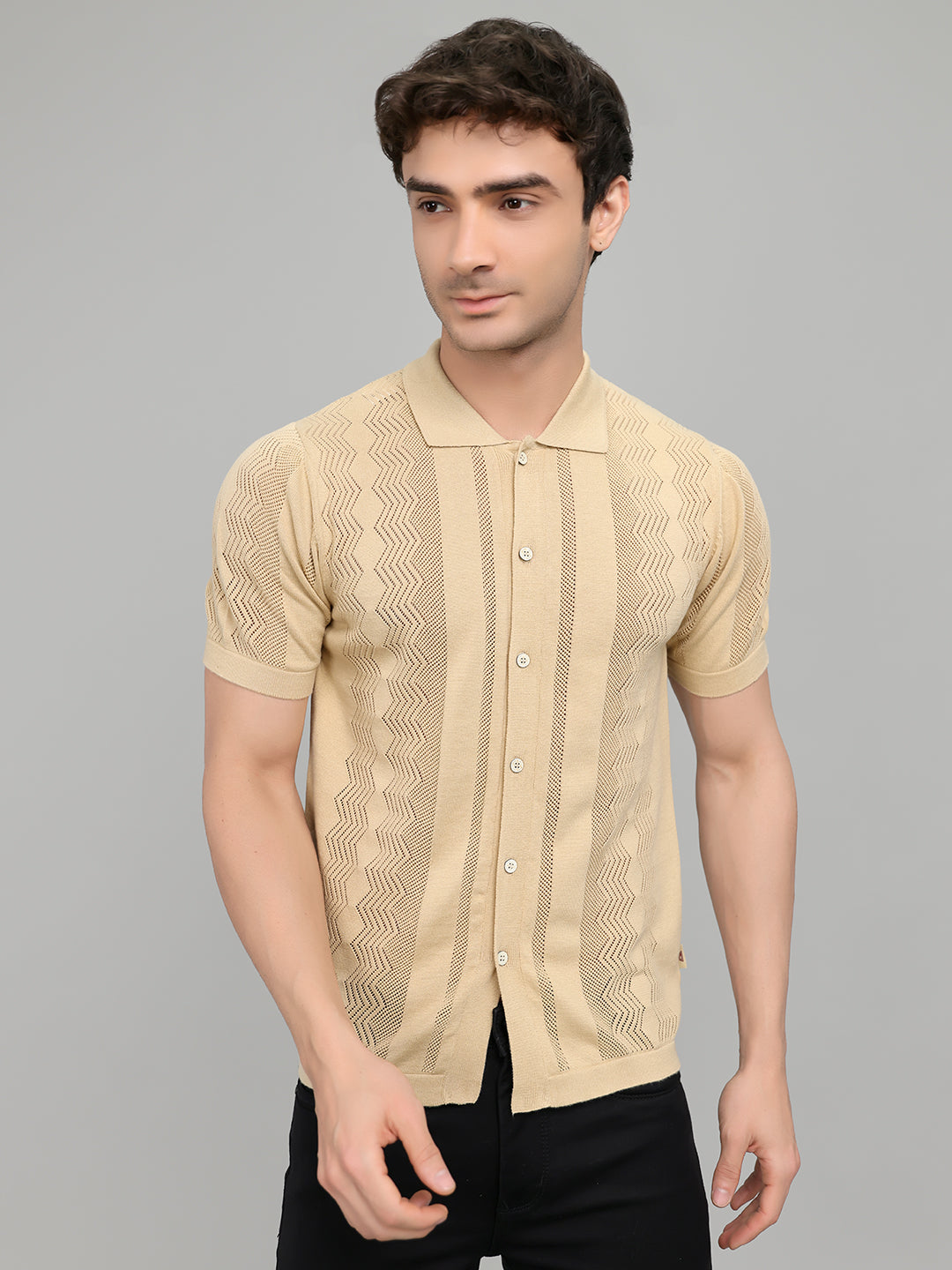 Men Beige Self Design Collar Half Sleeve Shirt