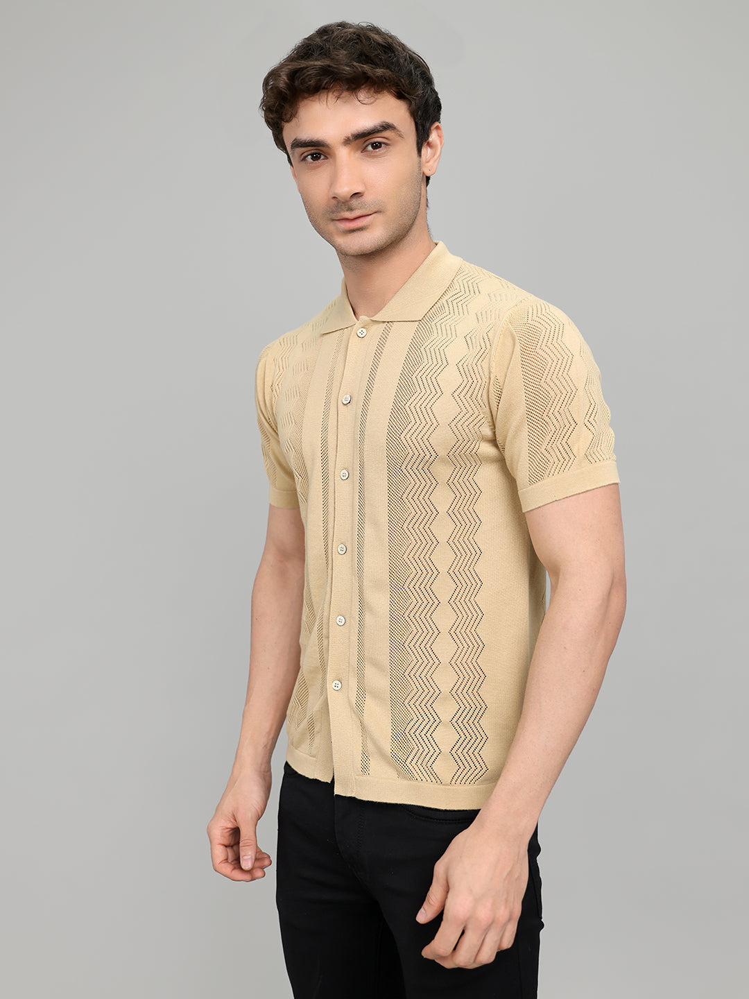 Men Beige Self Design Collar Half Sleeve Shirt