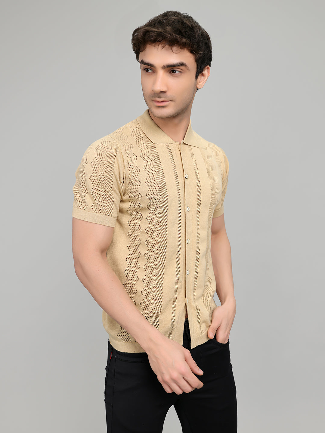 Men Beige Self Design Collar Half Sleeve Shirt