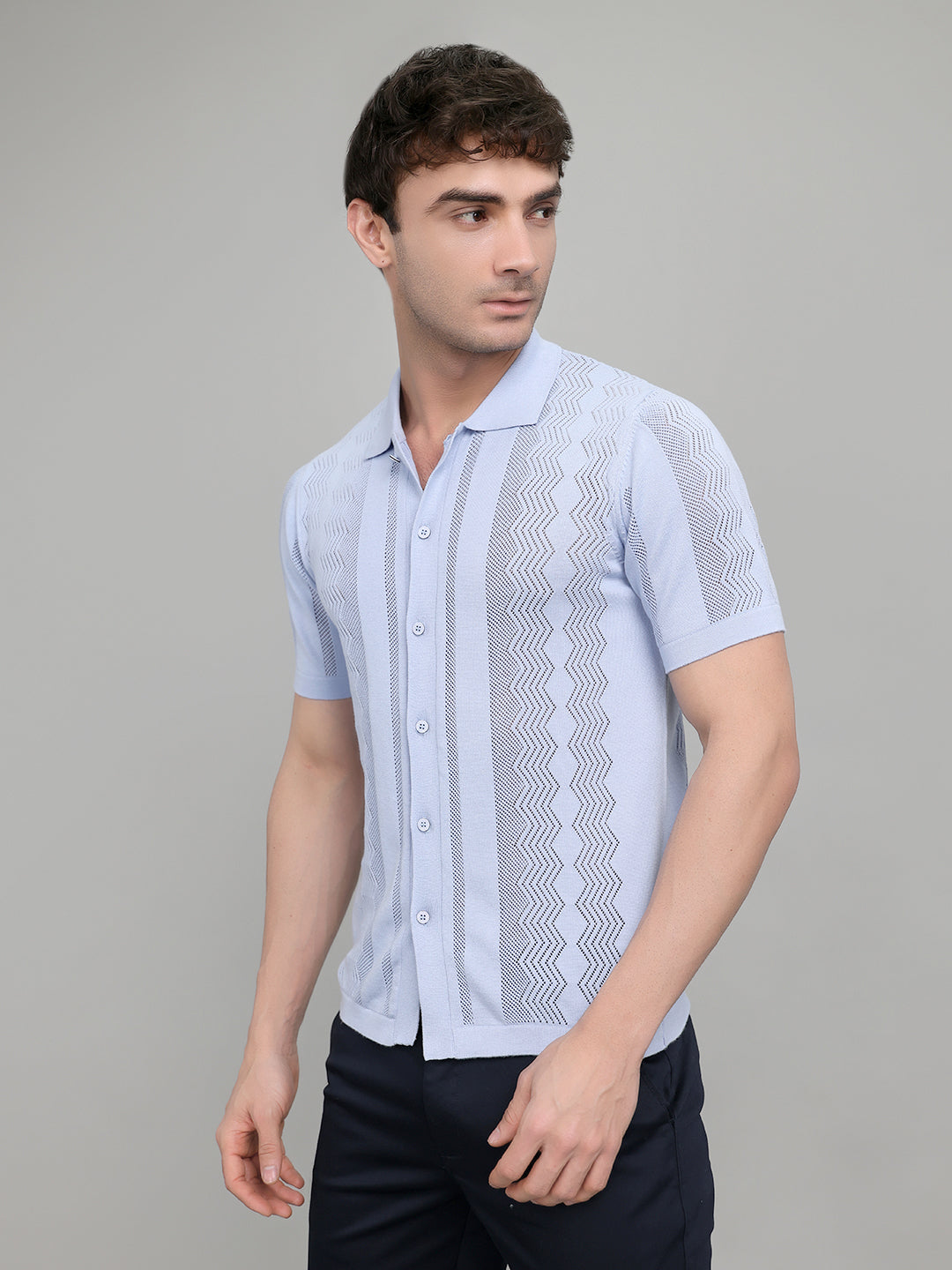 Men Light Blue Self Design Collar Half Sleeve Shirt