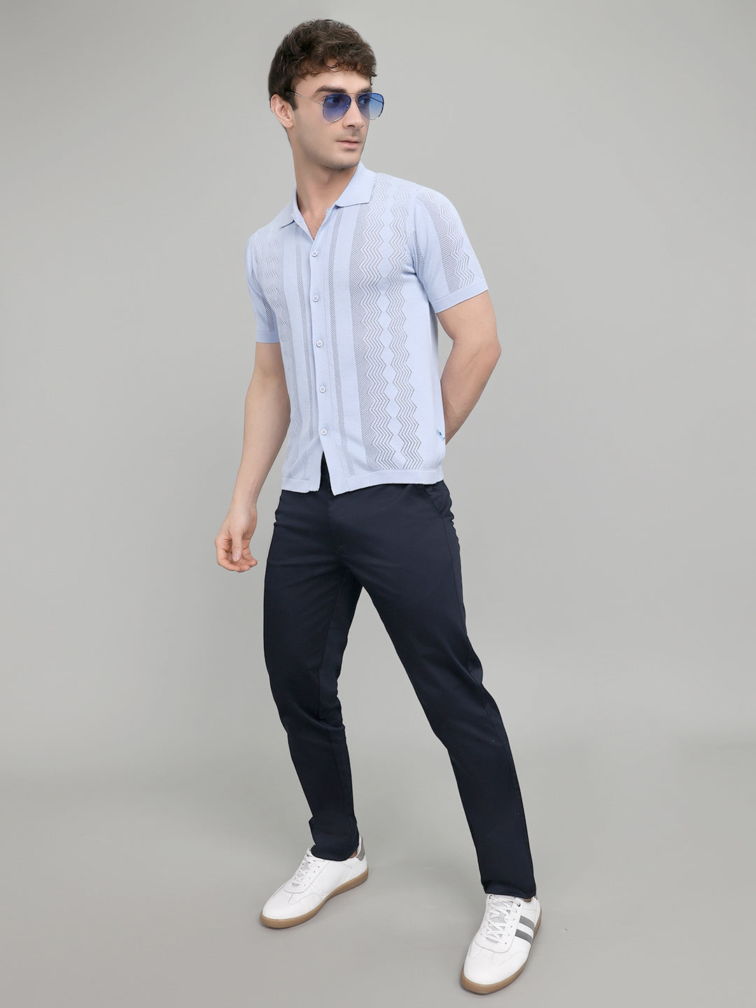 Men Light Blue Self Design Collar Half Sleeve Shirt