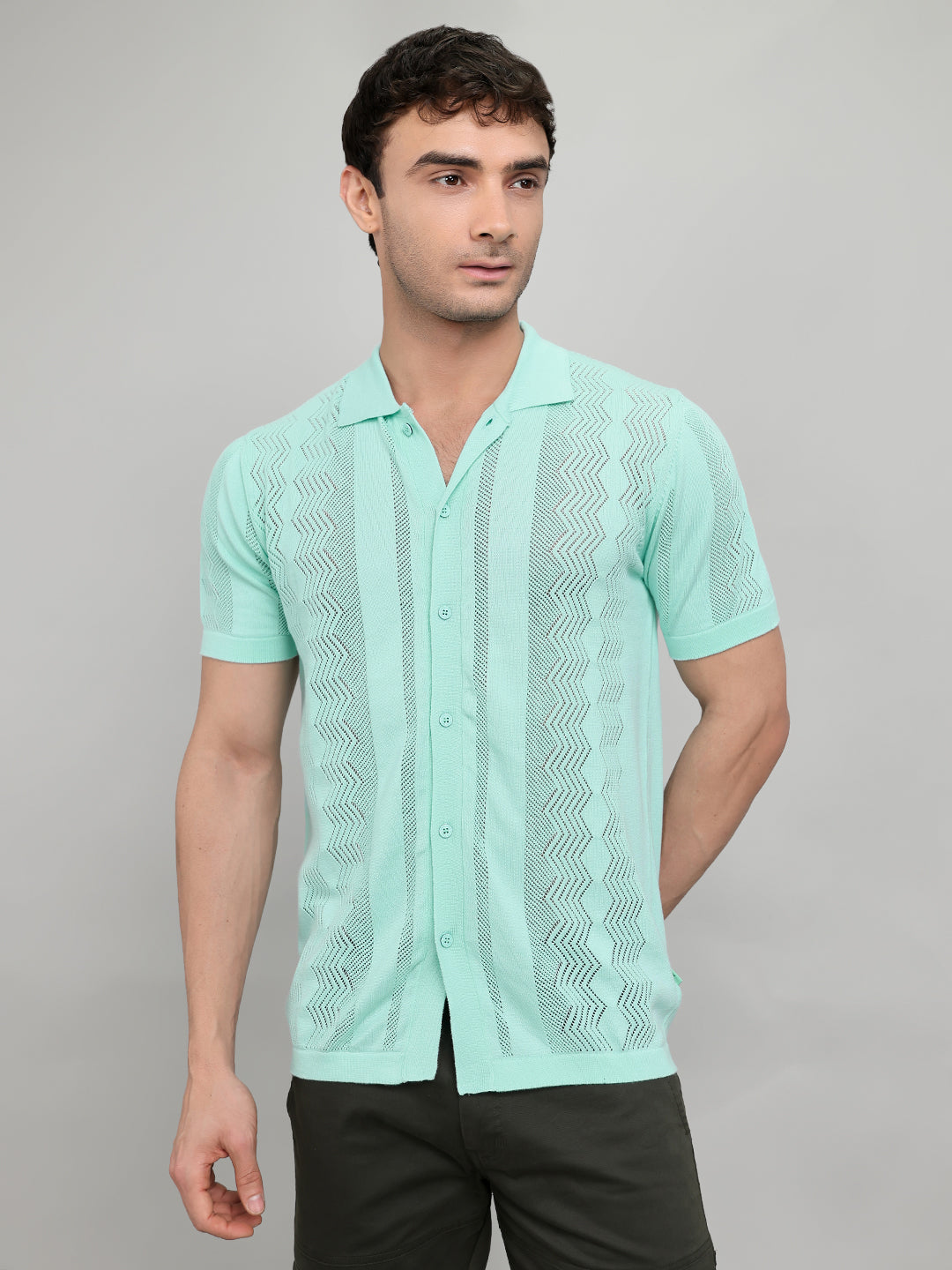 Men Sea Green Self Design Collar Half Sleeve Shirt
