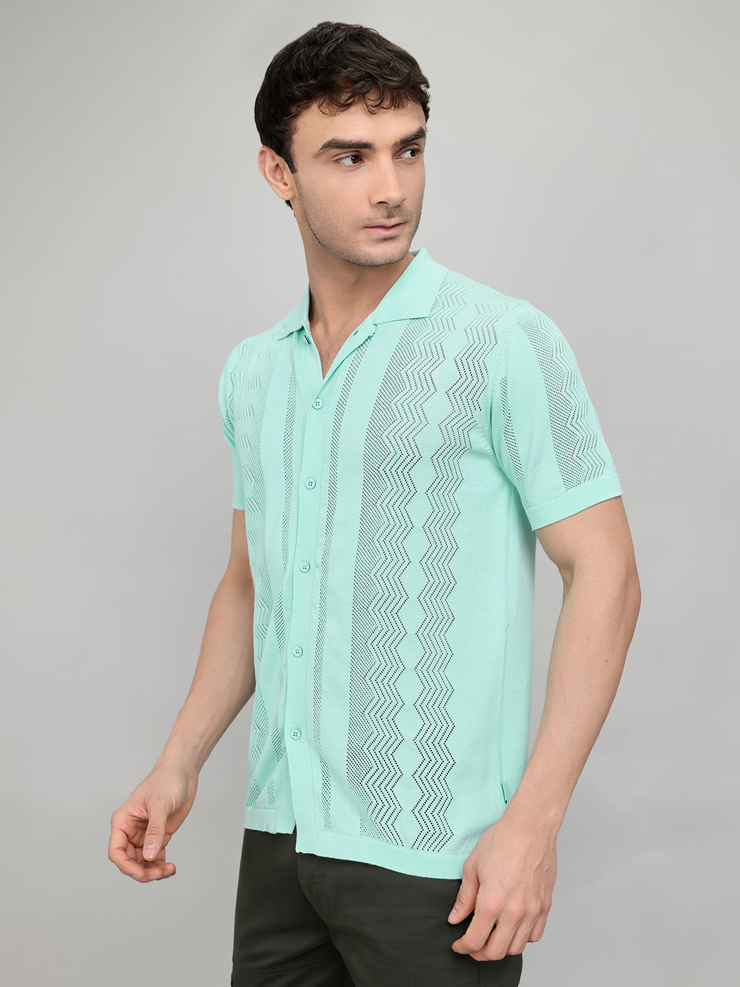 Men Sea Green Self Design Collar Half Sleeve Shirt