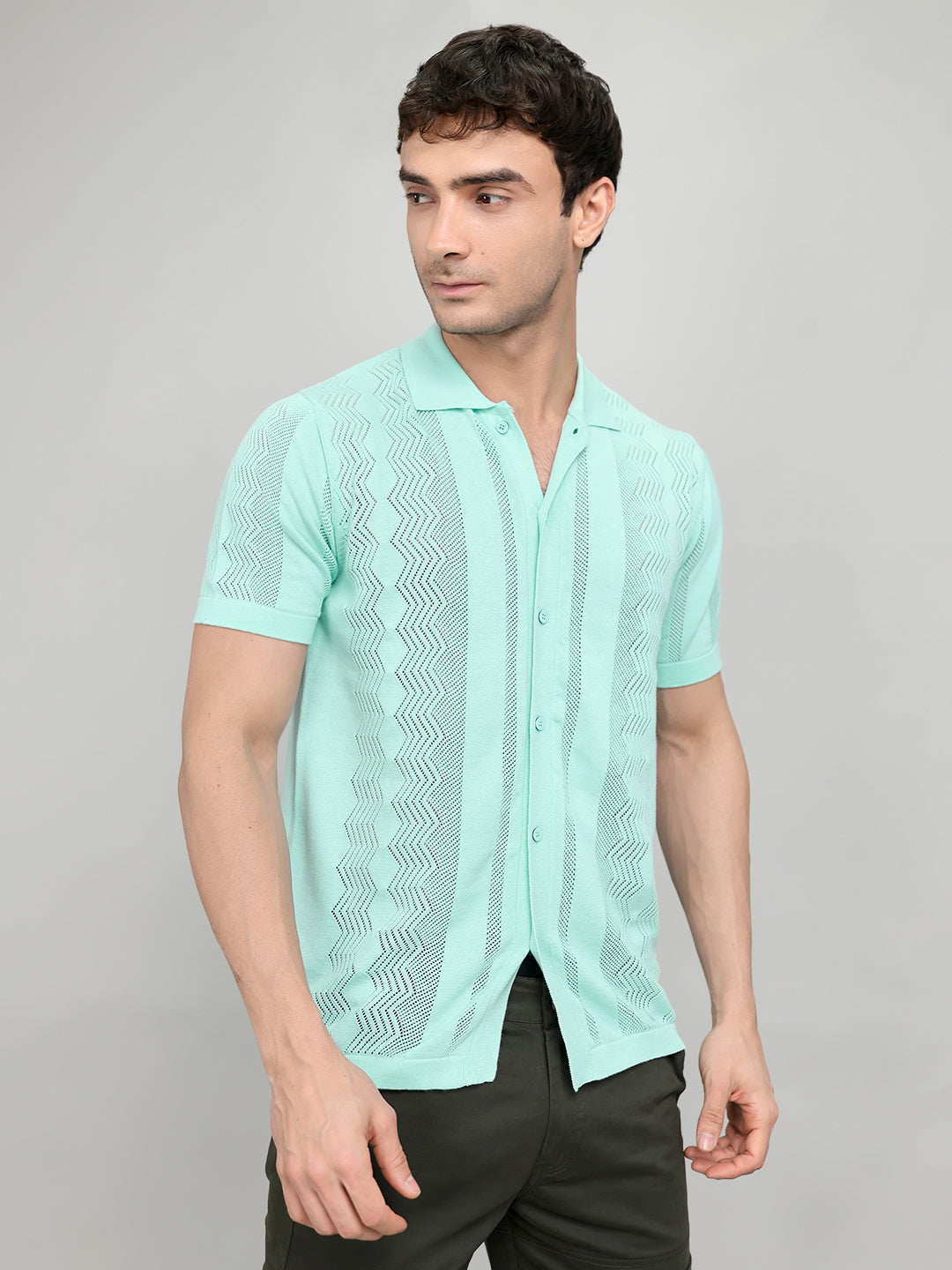 Men Sea Green Self Design Collar Half Sleeve Shirt